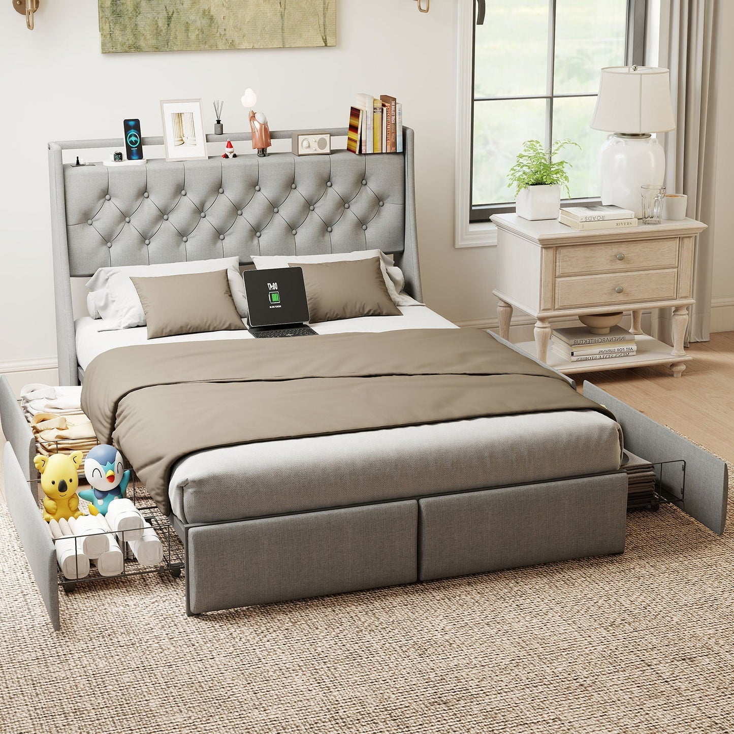 Queen Platform Bed Frame With RGB LED & Charging Station, Storage Headboard