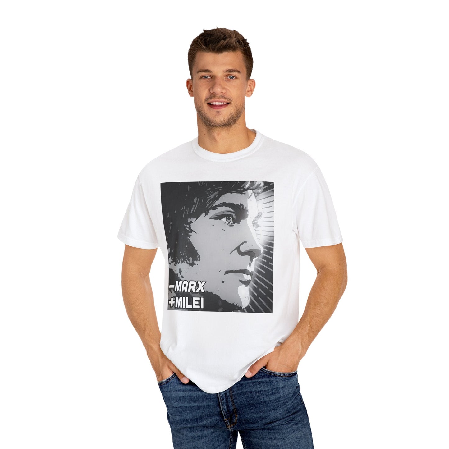 Less Marx, More Milei Icon of Liberty T-shirt - 4LibertyShop.com