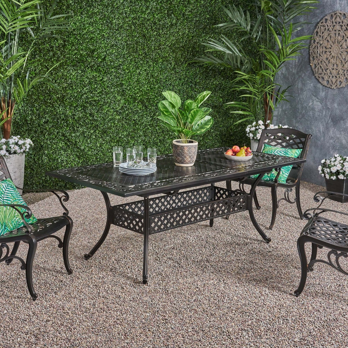 Outdoor Extendable Aluminum Dining Table With Patterned Table Top And Curved Legs - Copper