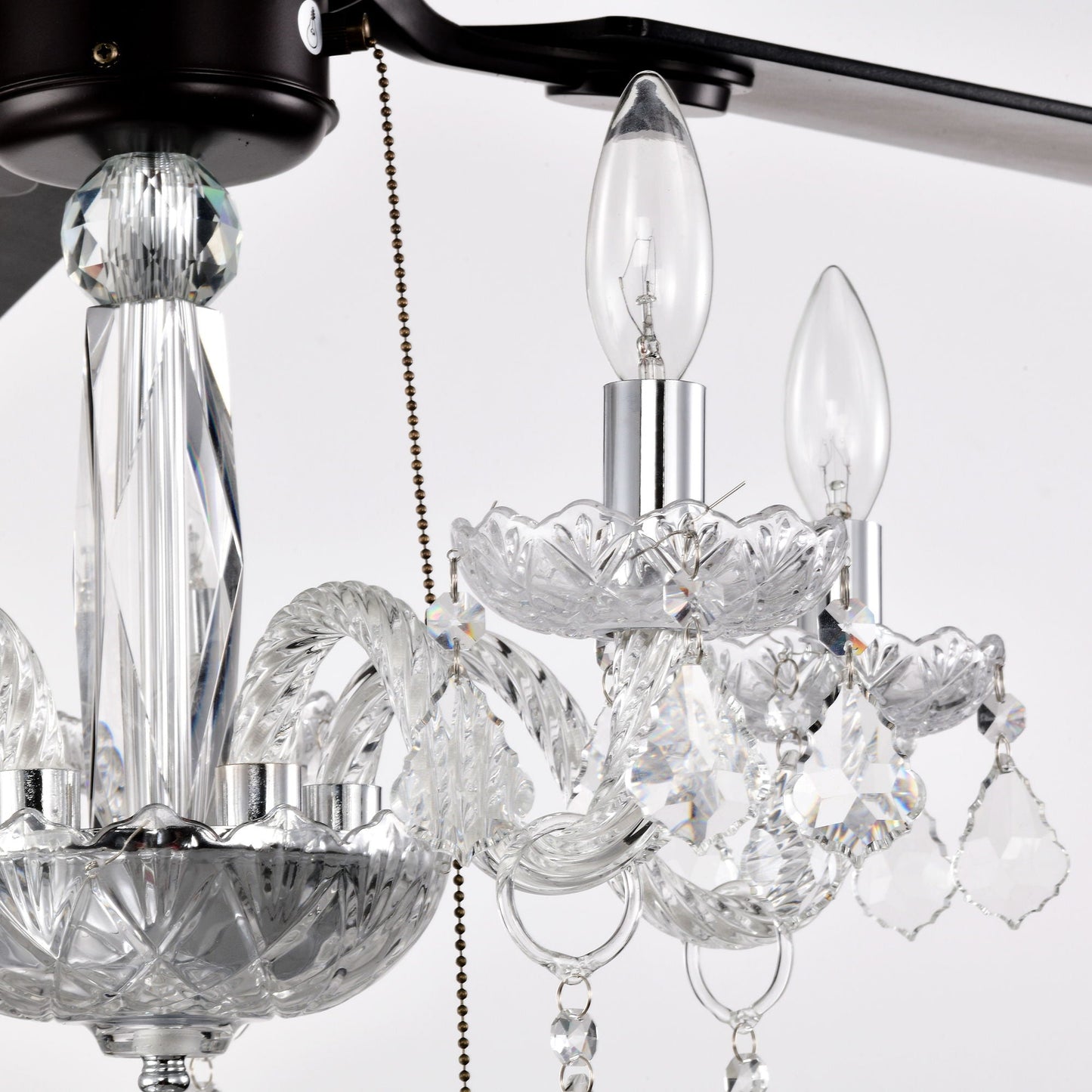52" Crystal Shade Ceiling Fan Lamp, 3 Speed, 4 Timing, 5 Reversible Blades Crystal Ceiling Fan, 5 Pieces X E12 (No Include Bulb), Hand Pull Chain - Matte Black
