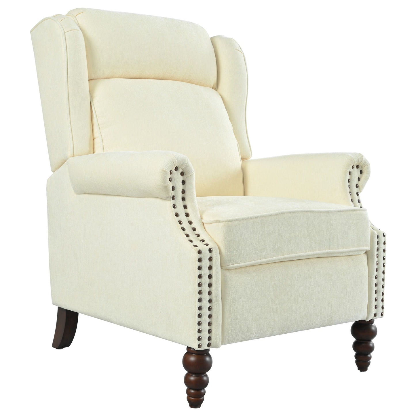 Push Back Recliner Chair Upholstered With Classic Wing Back And Solid Gourd-Shaped Legs