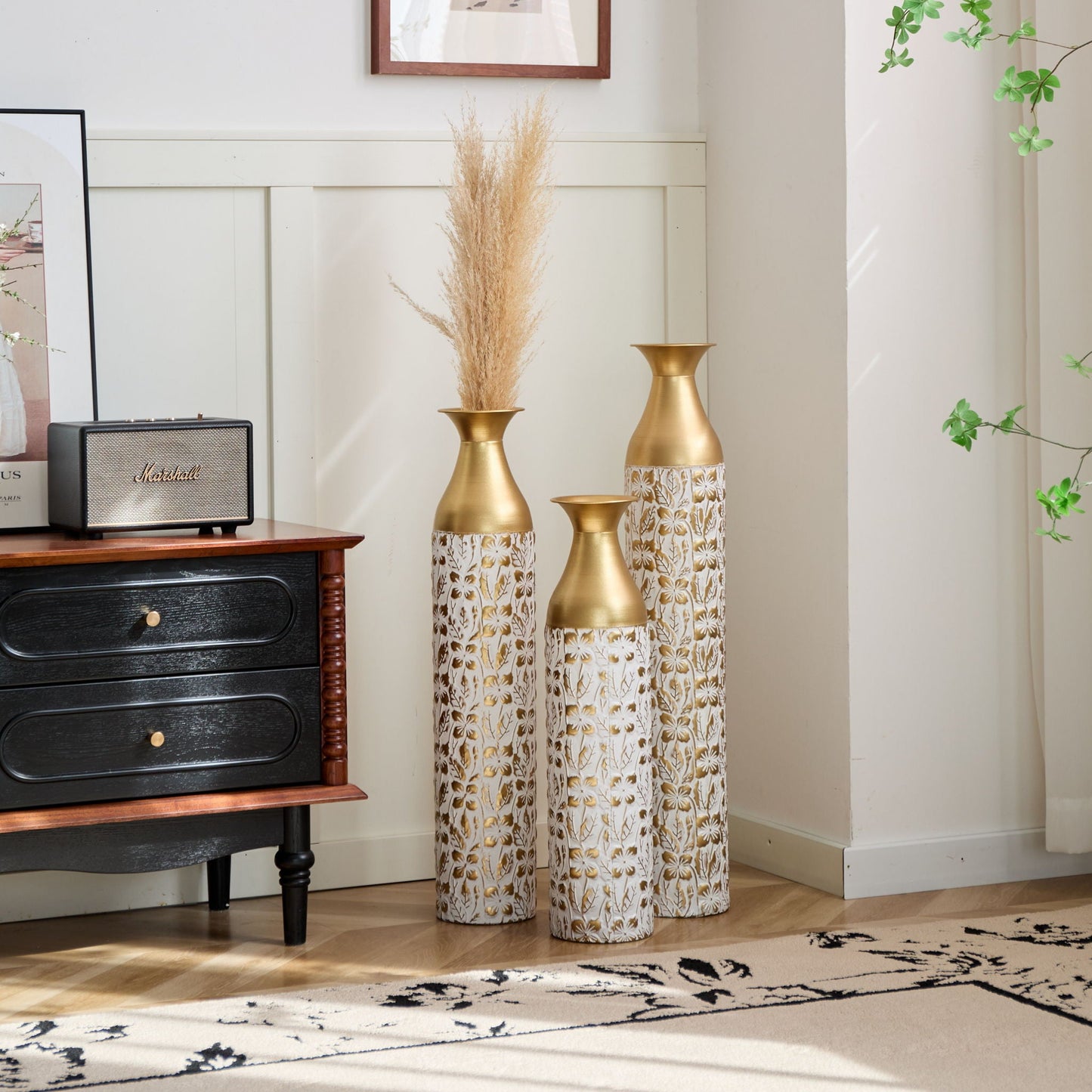 Mother's Day Gift Set Gilded White 3D Relief Flower Metal Vase Set - White / Gold