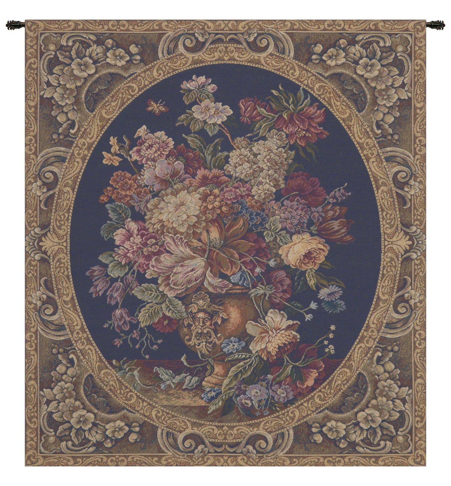 Floral Composition in Vase Dark Blue Italian Tapestry