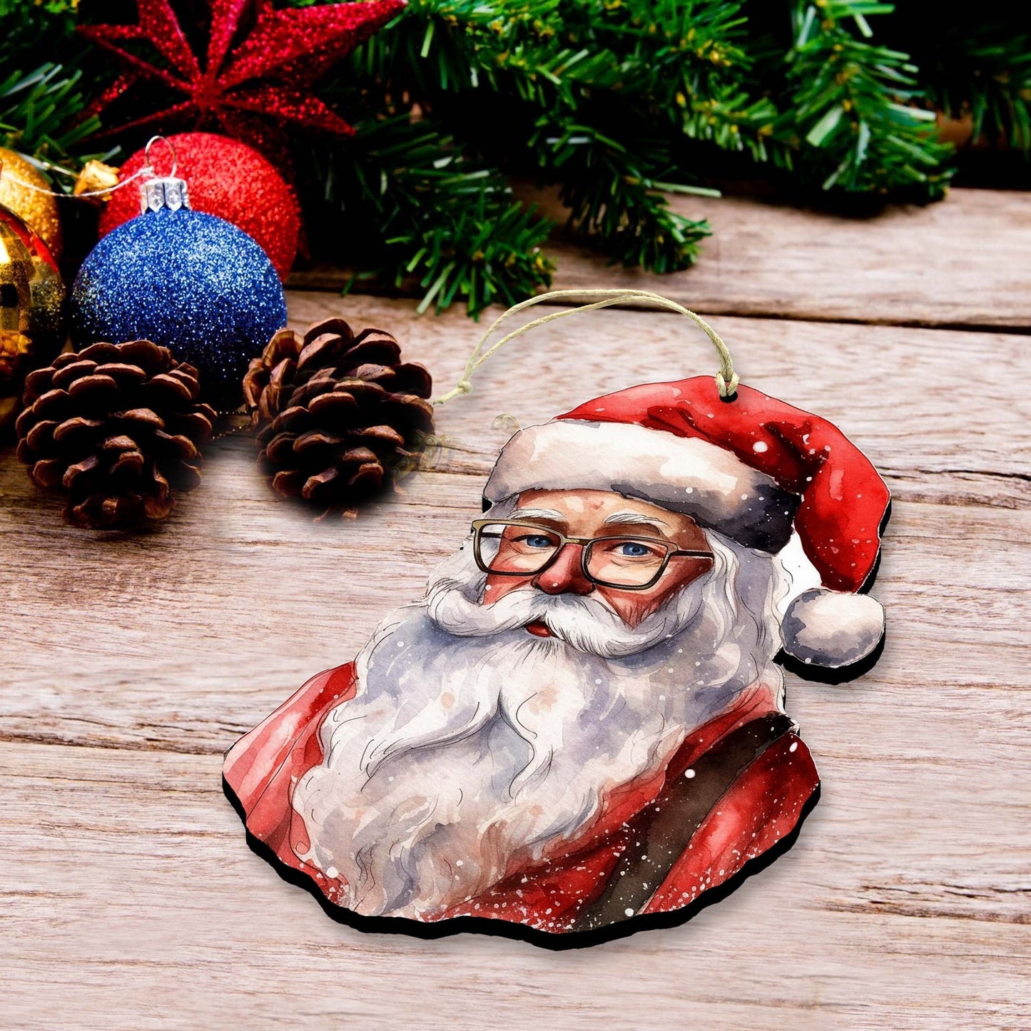 Jolly Santa Faces Decorative Eco Wood Ornaments Set of 3 by G. Debrekht - Christmas Decor - 8091045-S3