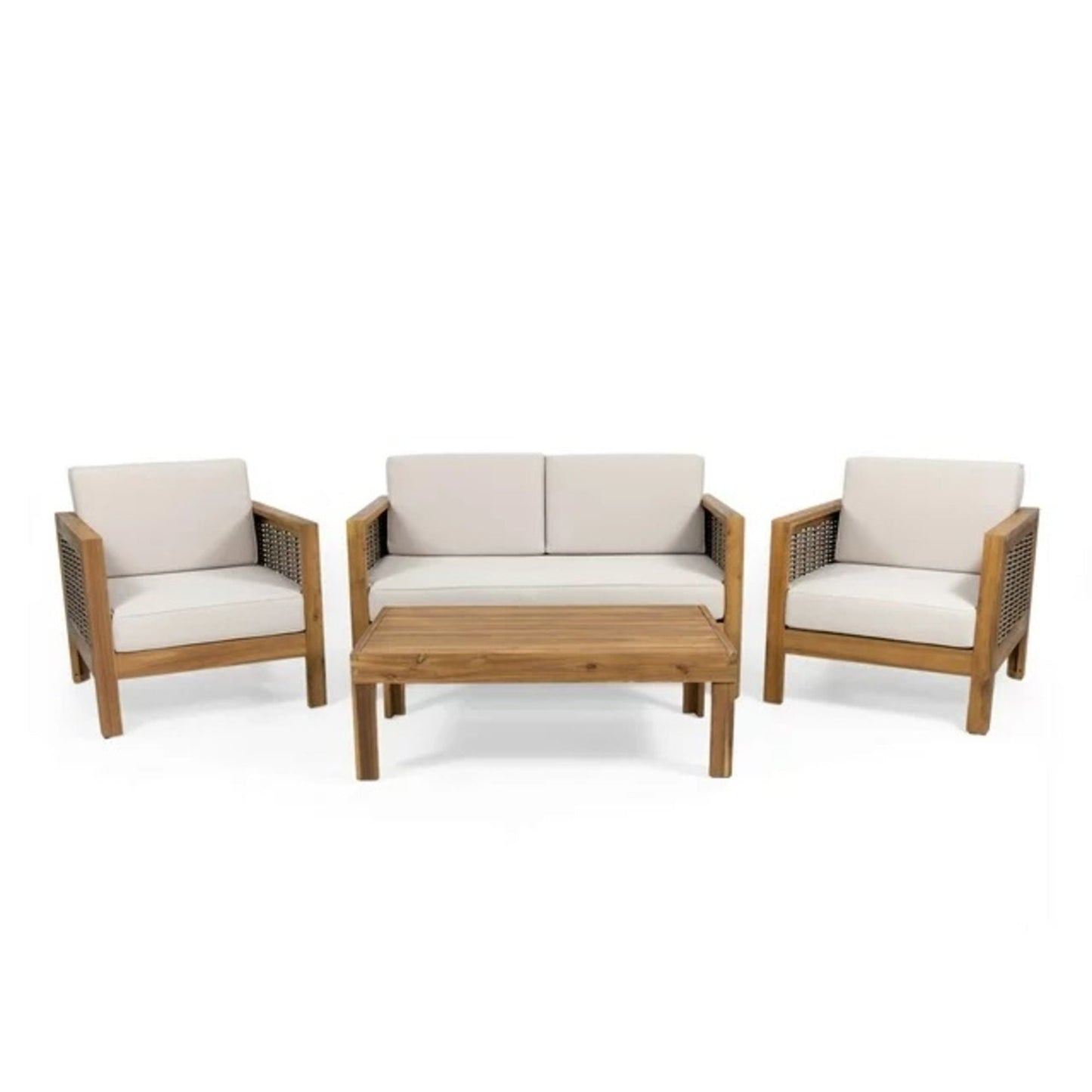 Outdoor 4 Seater Acacia Wood Chat Set With Wicker Accents And Cushions