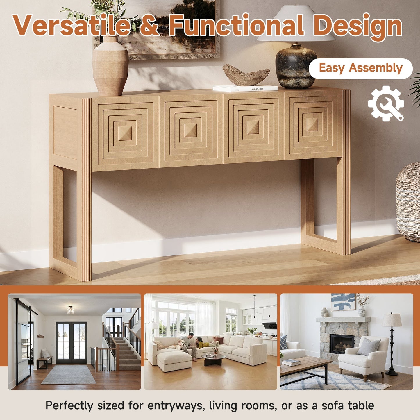 Geometric Carved Console Table with Soft-Close Drawers