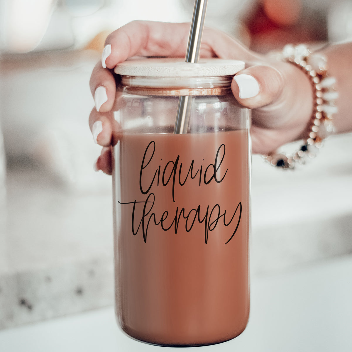 Liquid Therapy 17oz Glass Tumbler With Bamboo Lid, 2 Stainless Straws And Straw Cleaner