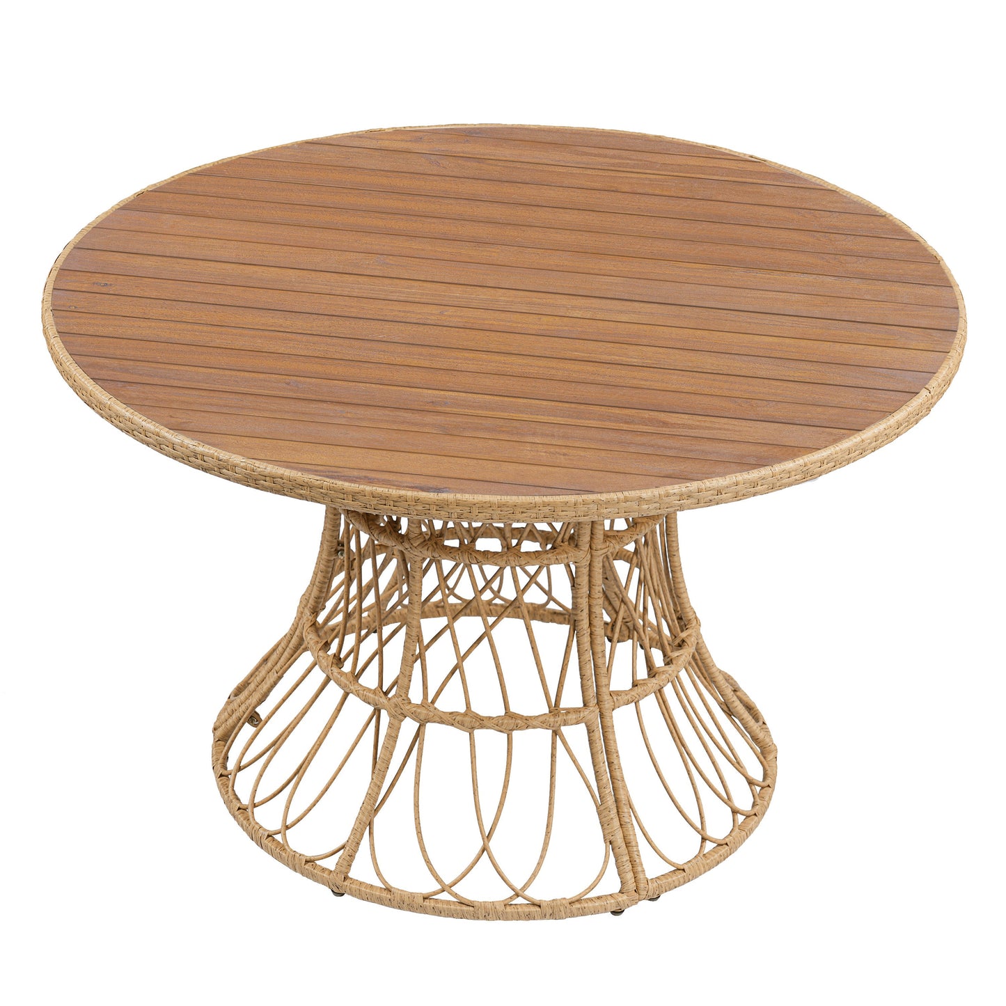 5-Piece Outdoor Dining Set: Teak Finish Round Acacia Wood Table & 4 Wicker Armchairs