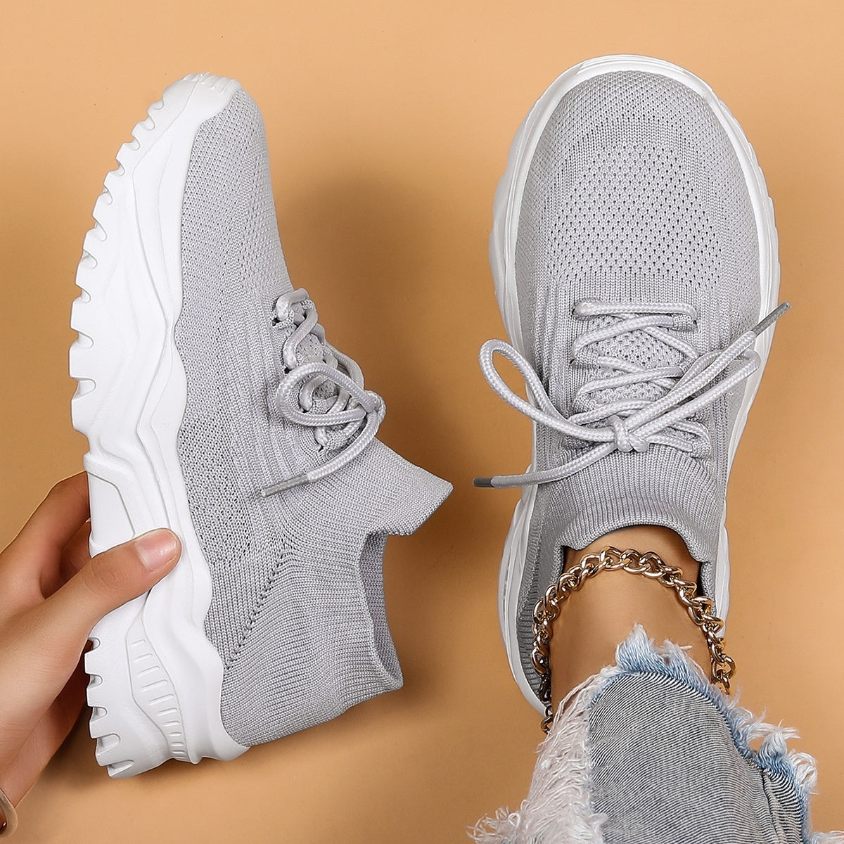 Plus Size Women's Sports Breathable Fly-knit Socks Shoes
