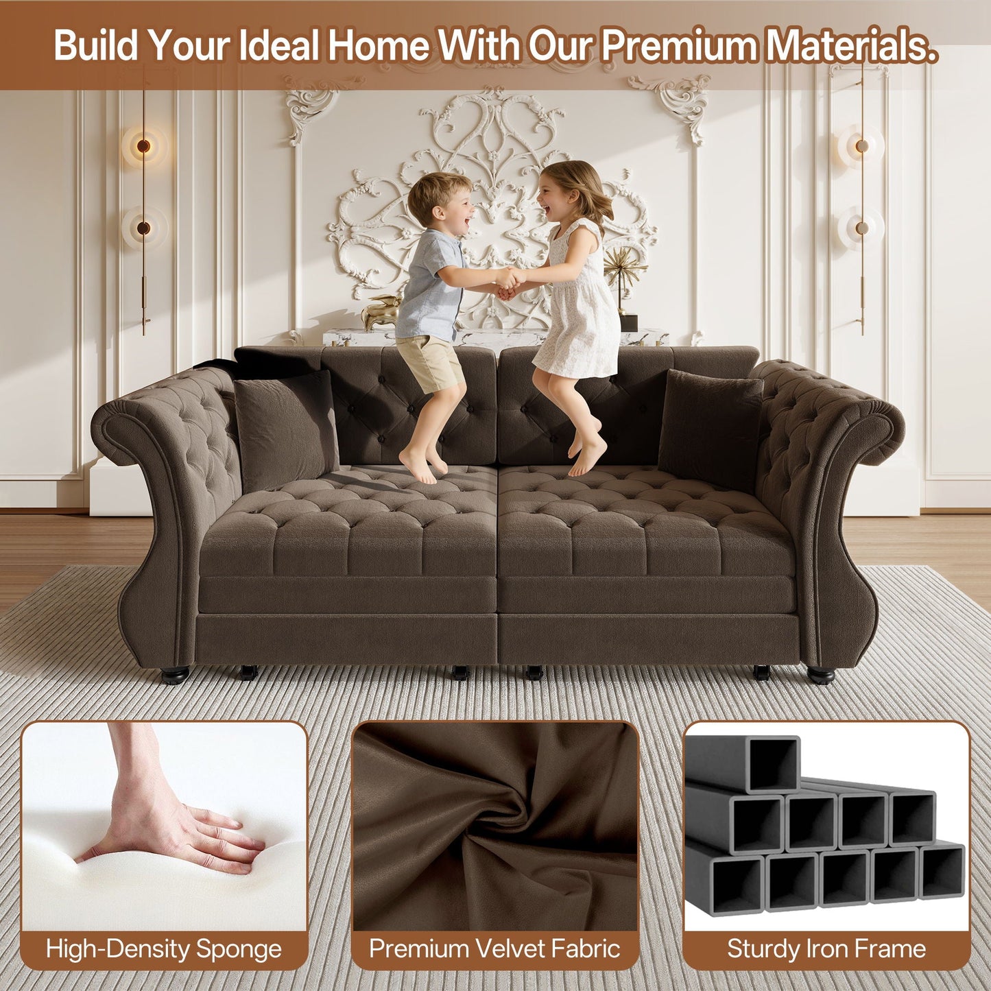 Oversized Chesterfield Pull Out Sofa Bed, Roll Arm Couch With Flower Tufting For Living Room