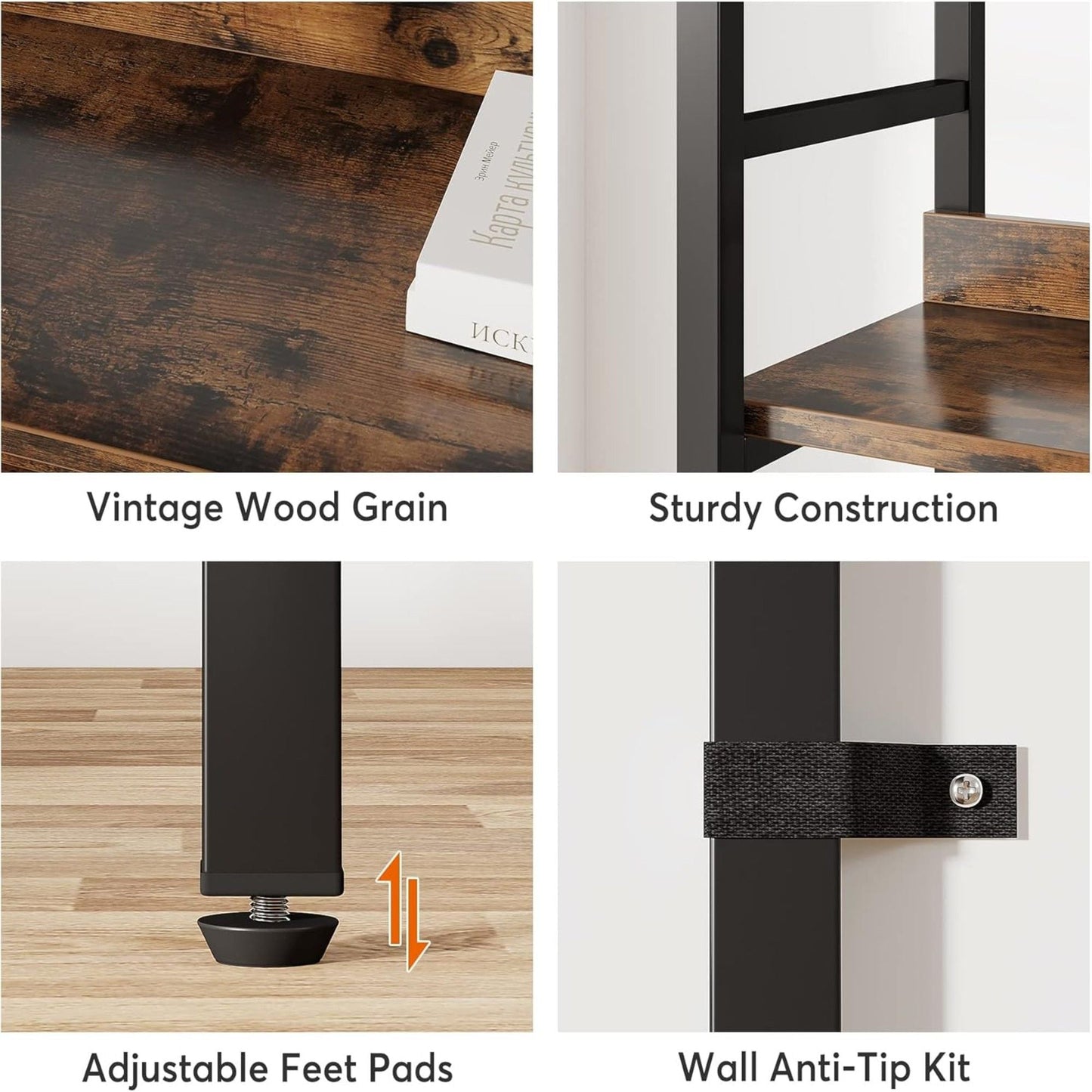 5 Tier Double Wide Bookshelf For Living Room - Rustic Brown