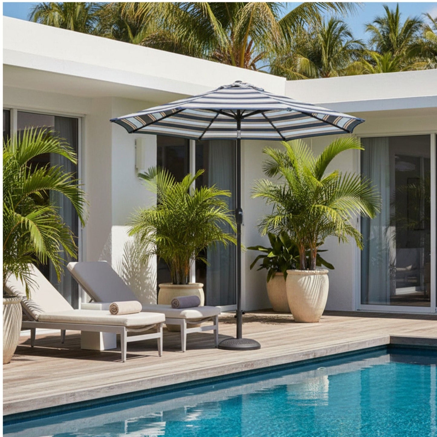 Patio Umbrella With Crank Lift & Push Button Tilt Frame, 200G / Sqm Solution Dyed Canopy - Blue Multi / Brown