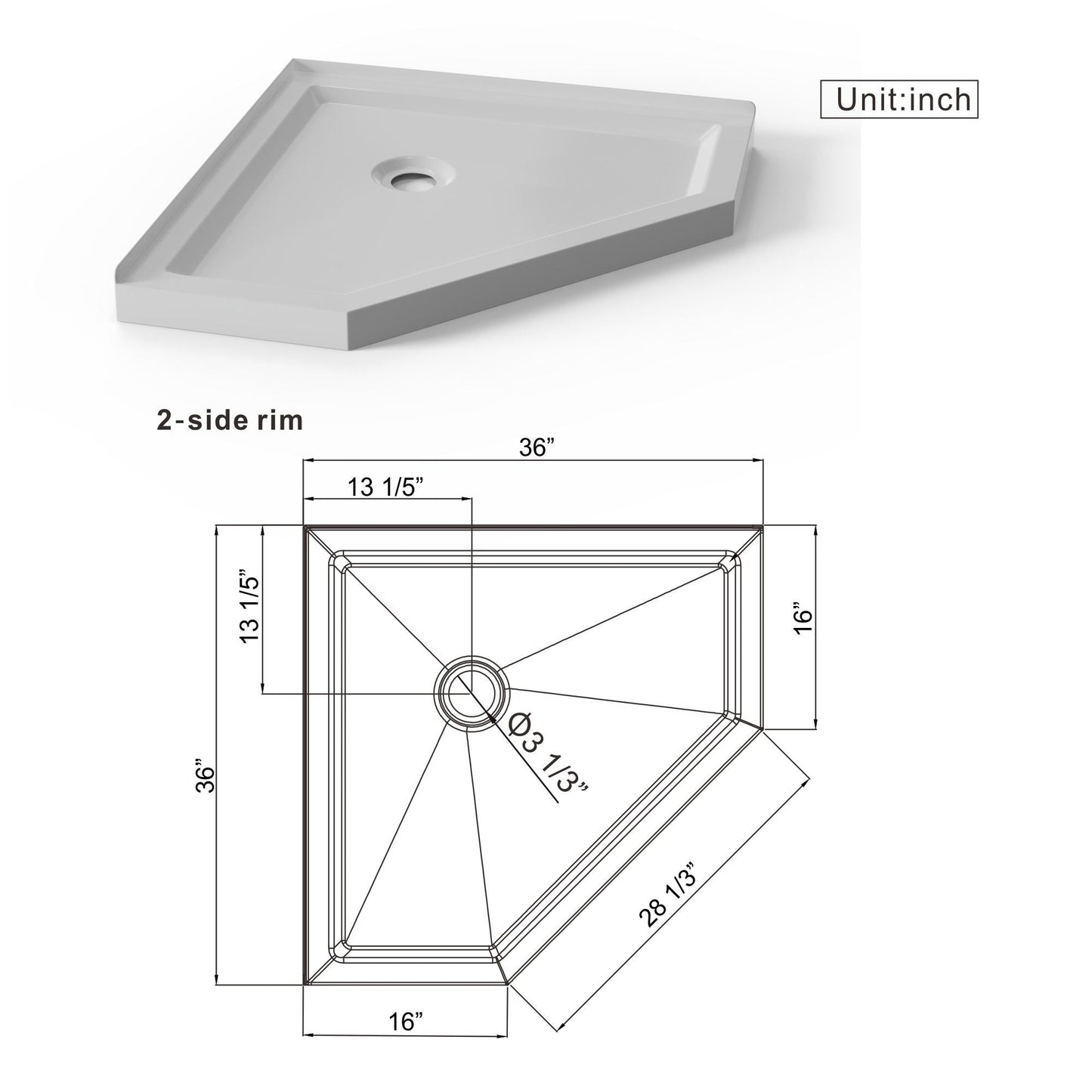 Neo Angle Corner Drain Shower Base - White