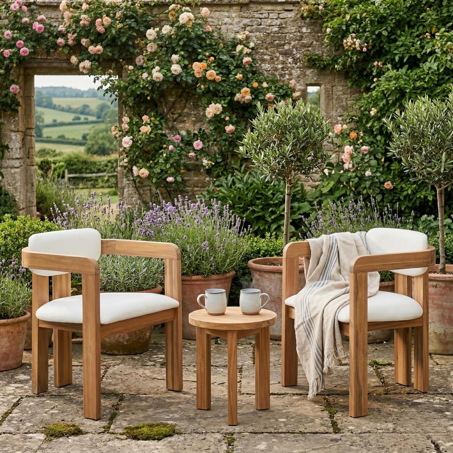Set of 2 Outdoor Acacia Wood Dining Chairs with Cushions