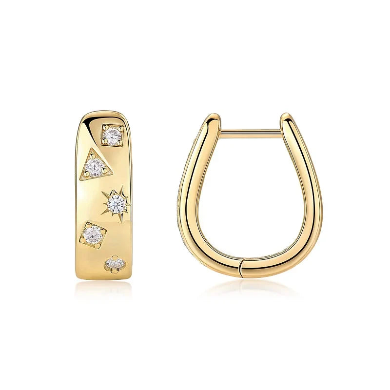 18K Gold Plated 925 Silver Hoop Earrings With Star Triangle Moissanite Accents
