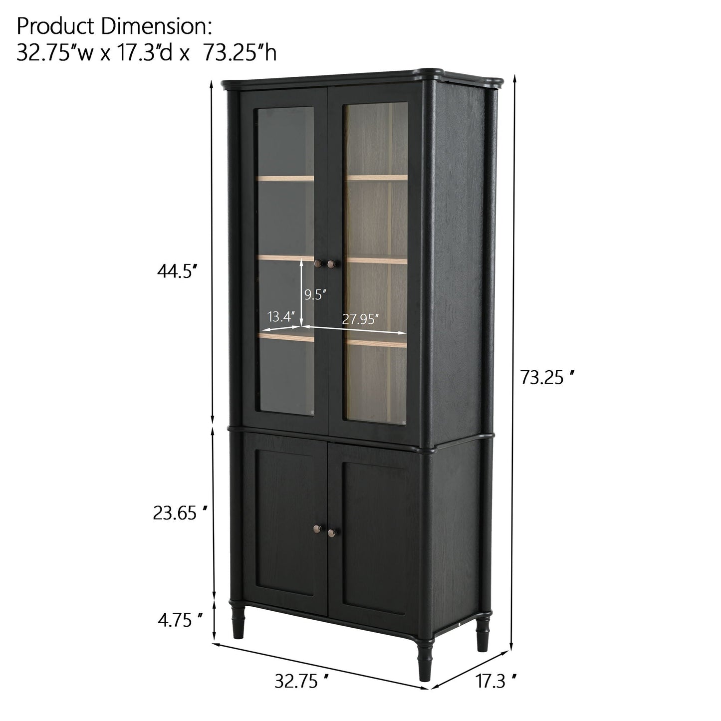 Vintage Display Cabinet With Double Glass Doors, Traditional Style For Collectibles, Ash Wood Veneer, 73.25" Tall - Black / Natural
