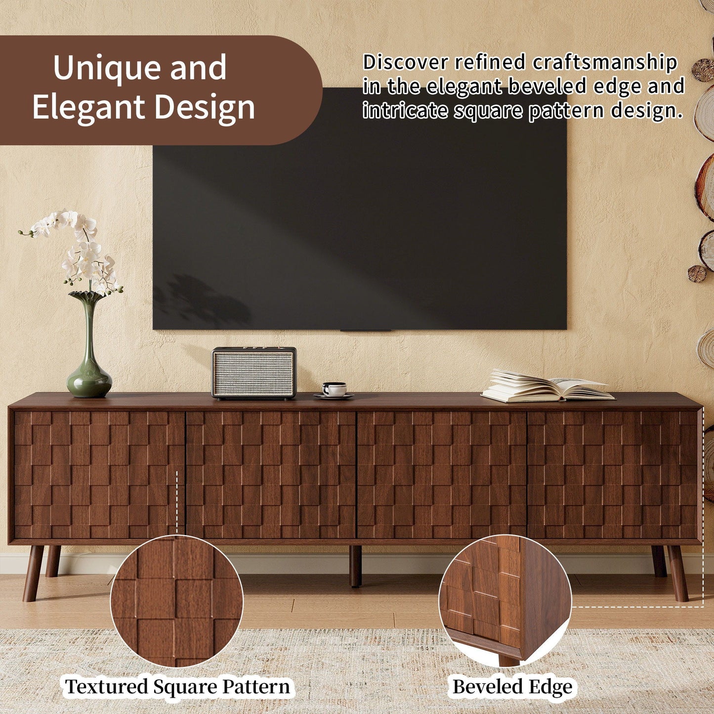 TV Stand With Soft Closing Hinges And Cable Management - Walnut
