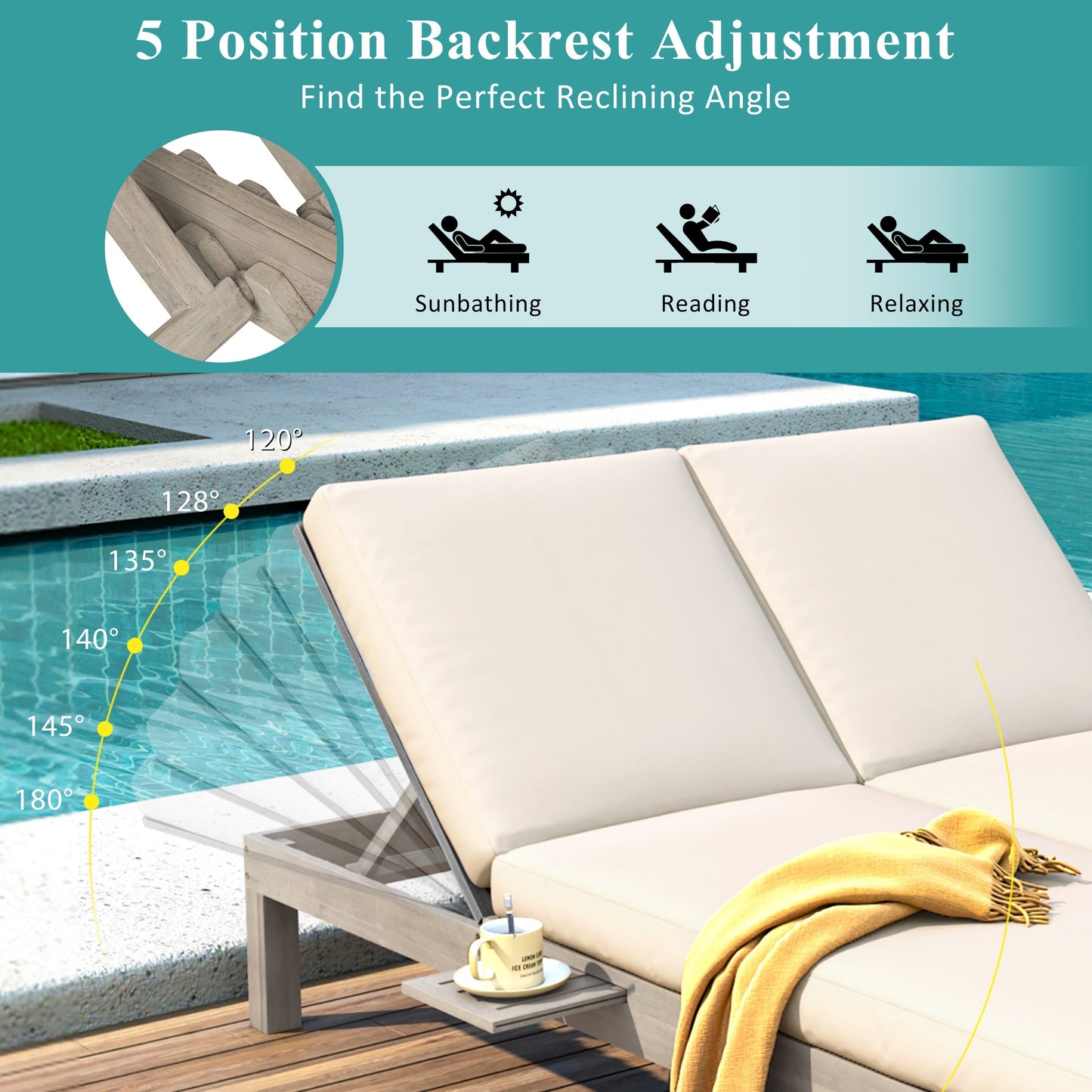 TREXM 5-Position Adjustable Backrest Double Chaise Lounge Outdoor