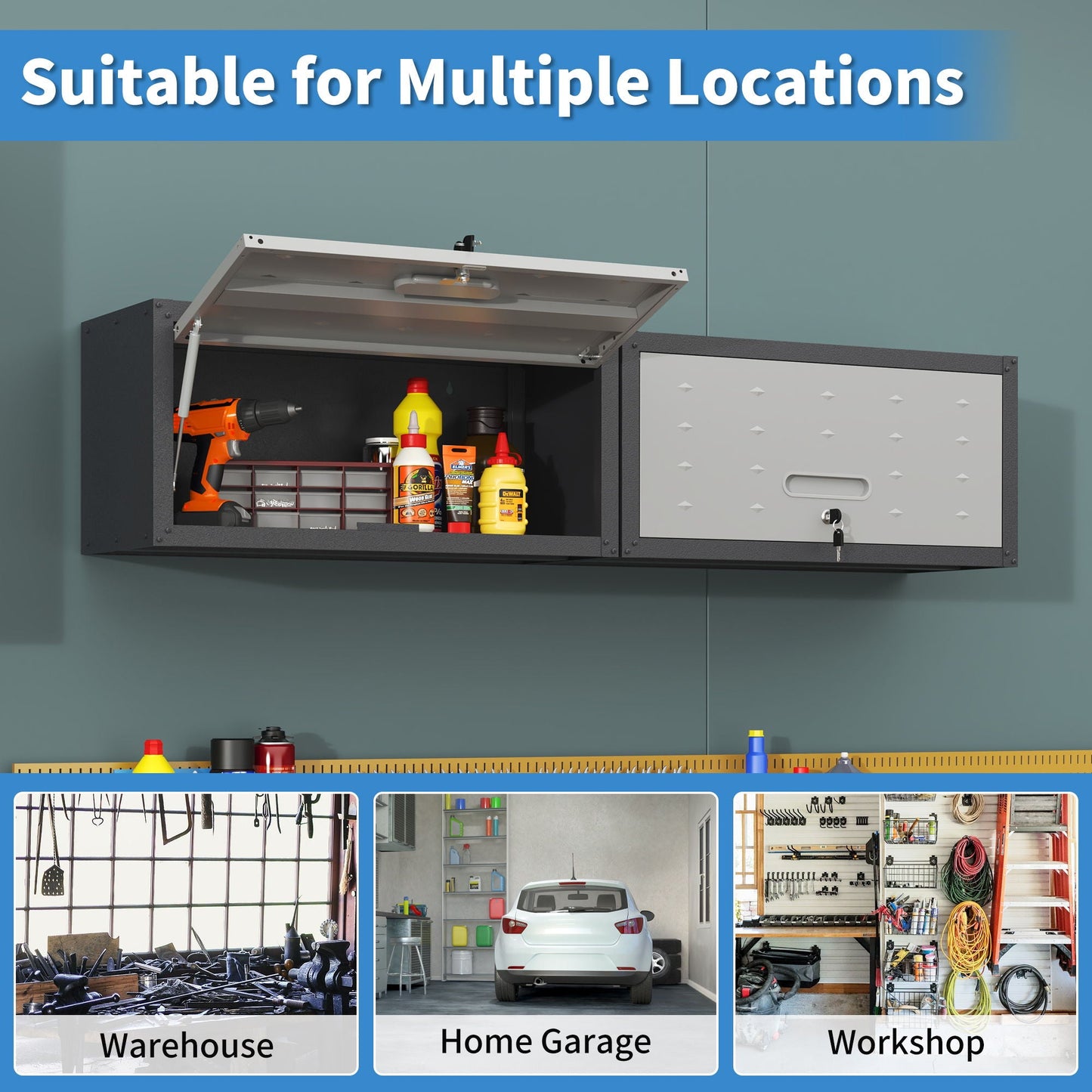 Heavy Duty Metal Wall Mounted Tool Storage Cabinet Steel Metal Garage Storage Cabinet - Black / Gray