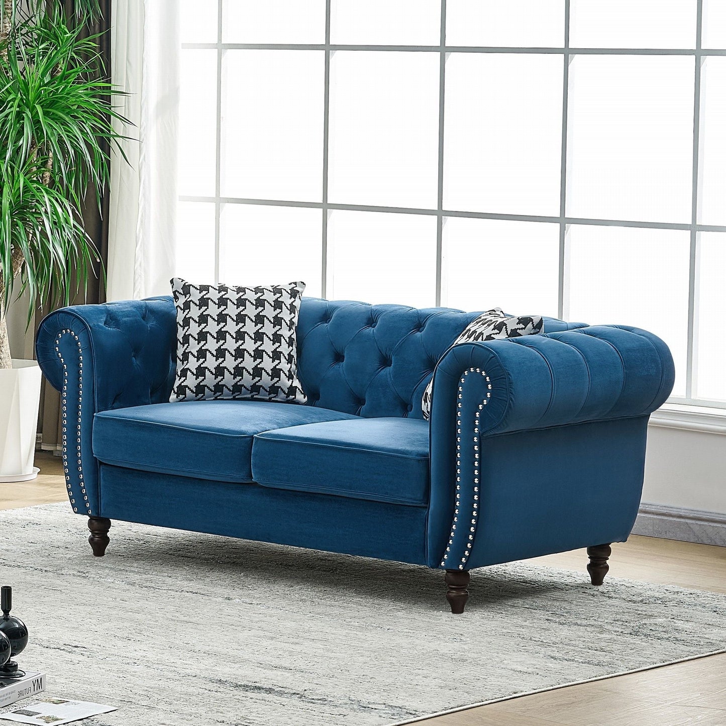 Chesterfield Fabric Sofa With Roll Armrest And Nailhead, Mid Century 2 Seater Couch In