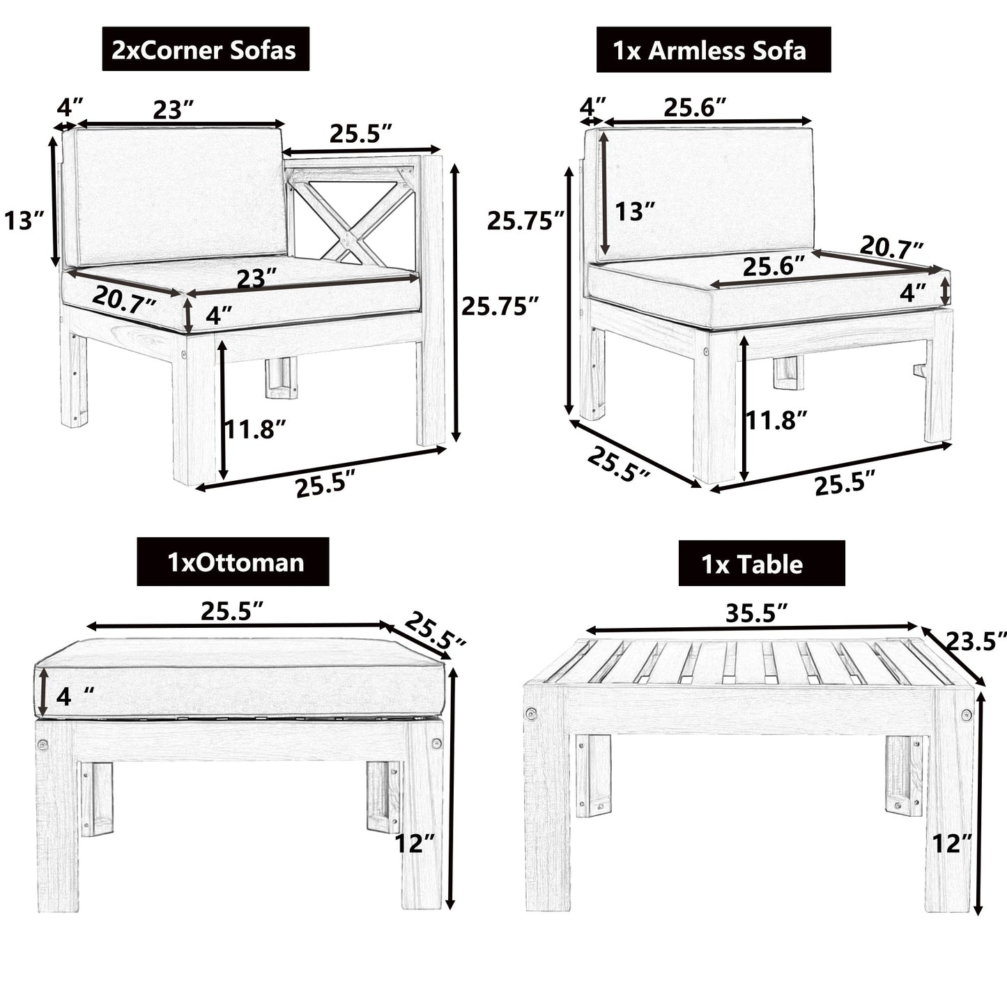 Topmax Outdoor Patio Wood 5-Piece Sectional Sofa Seating Group Set