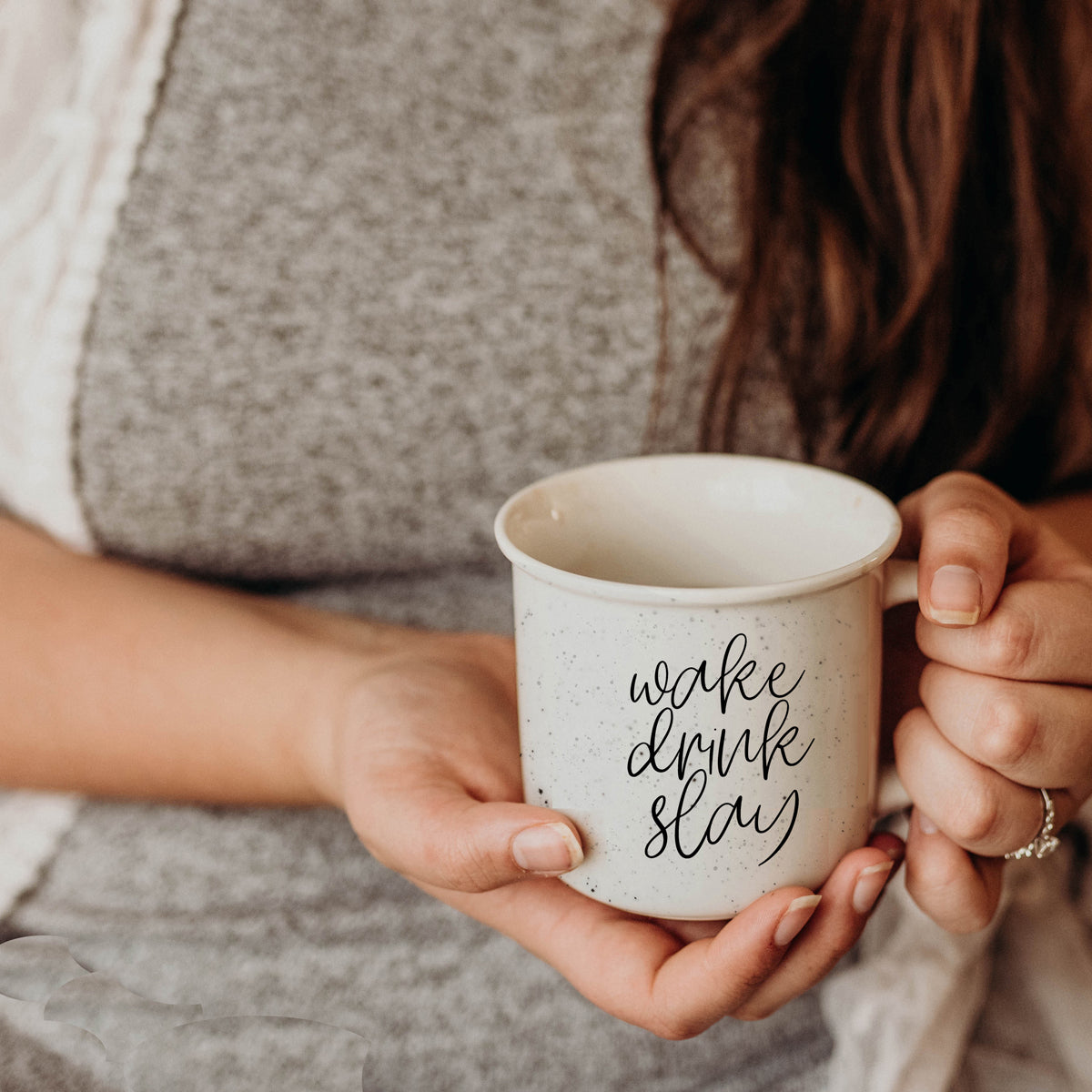 Wake Drink Slay 14.5oz Ceramic Campfire Mug Double-Sided Speckled White Sesame