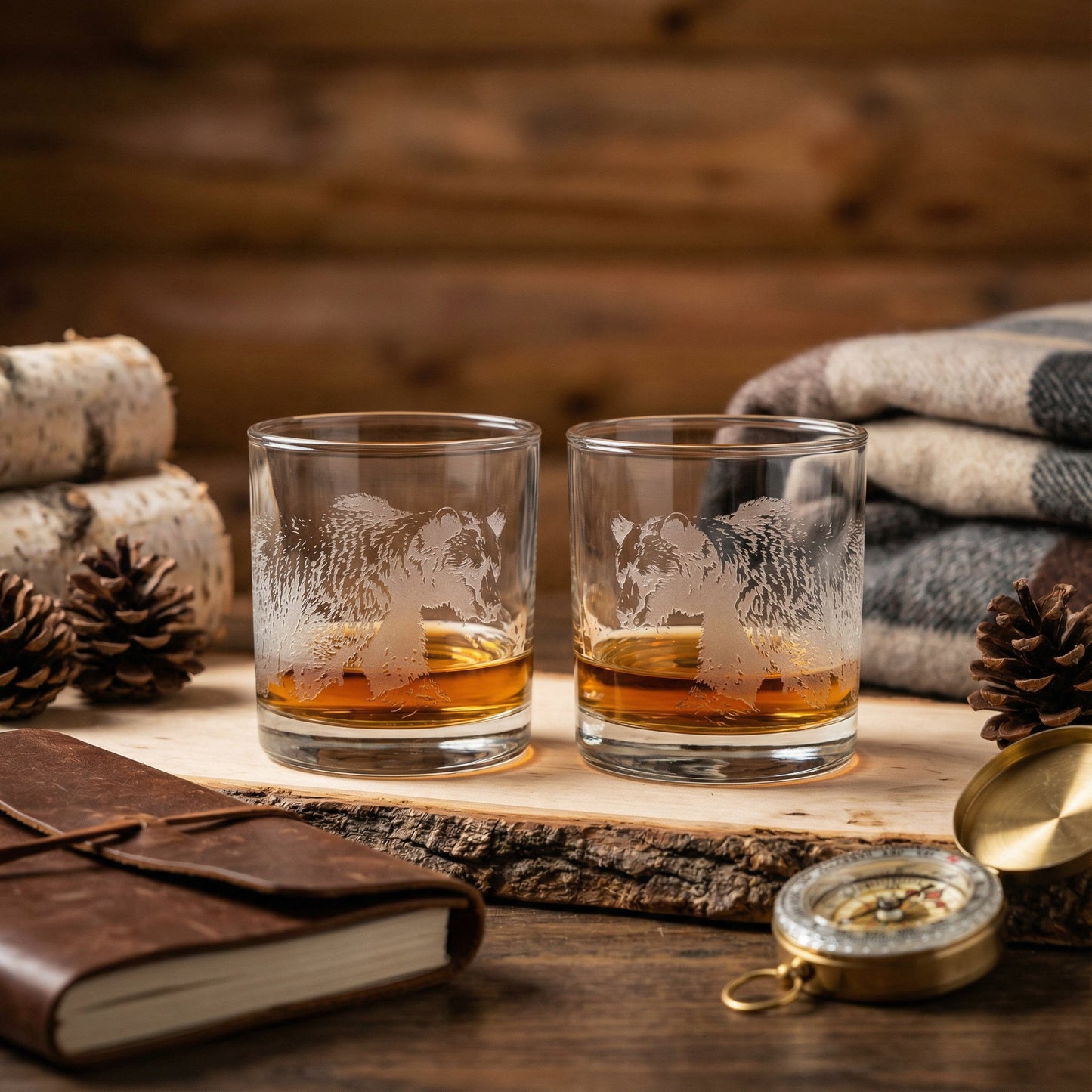 Bear Sand Carved Whiskey Glass Set of 2