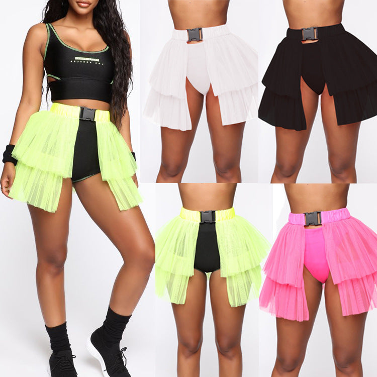 Mesh Stitching See-through Skirt Puffy Casual Umbrella Skirt