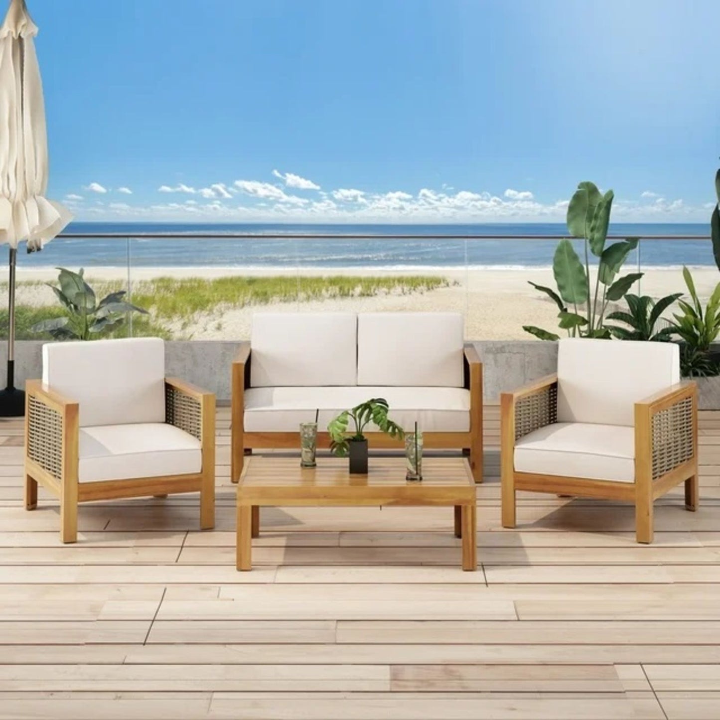 Outdoor 4 Seater Acacia Wood Chat Set With Wicker Accents And Cushions