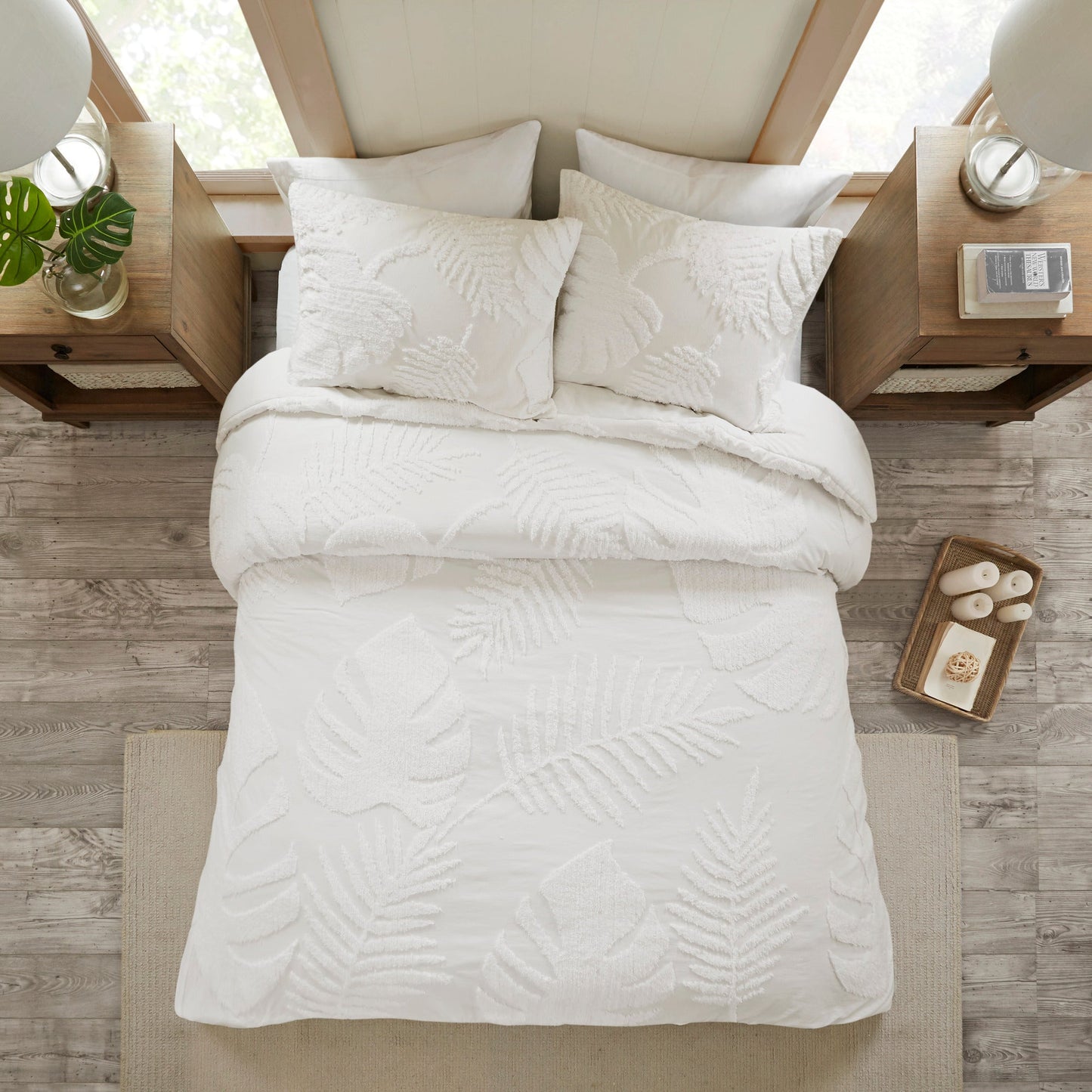 3 Piece Tufted Cotton Chenille Palm Comforter Set Off-White Full/Queen