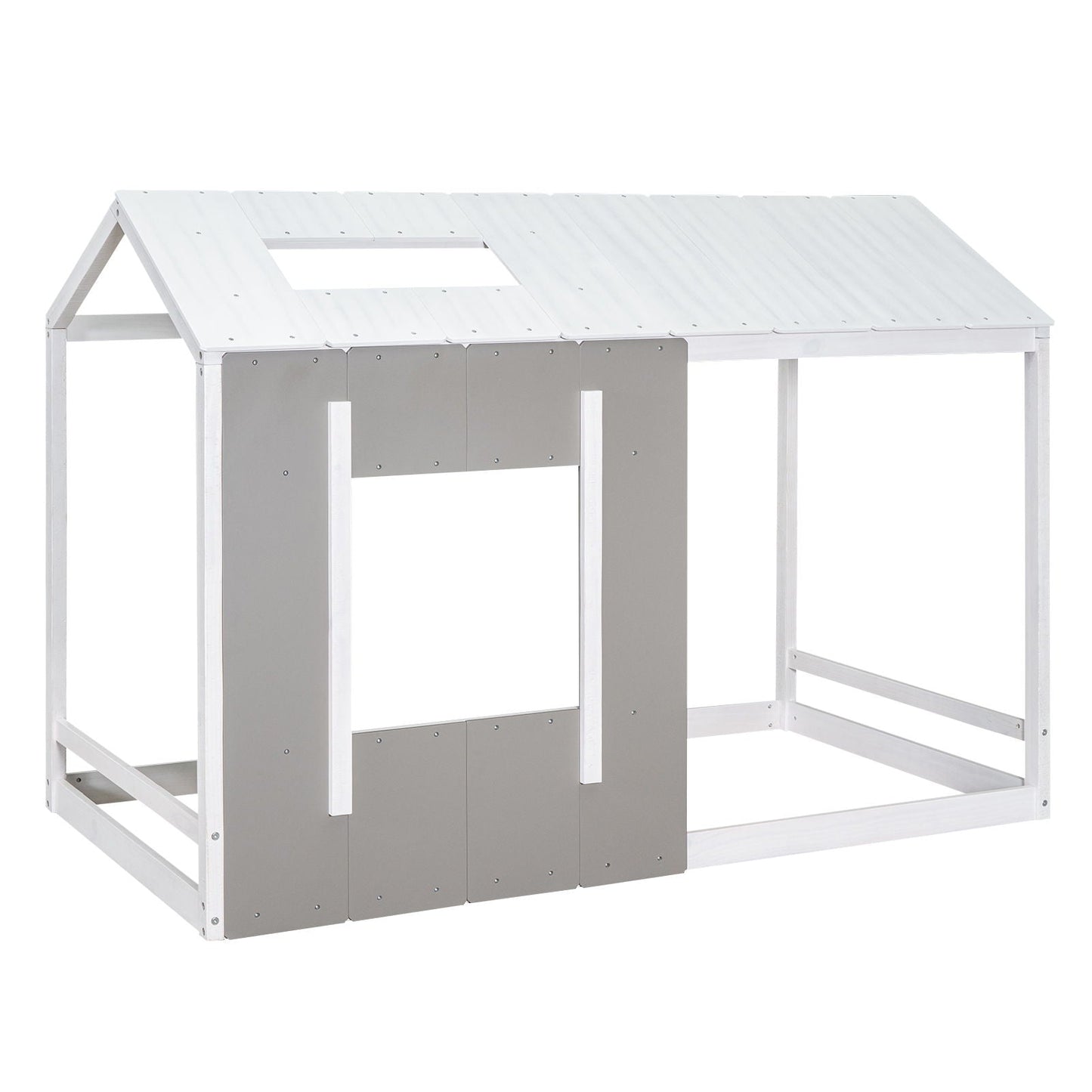 Twin Size House Platform Bed With Roof And Window - Natural / White