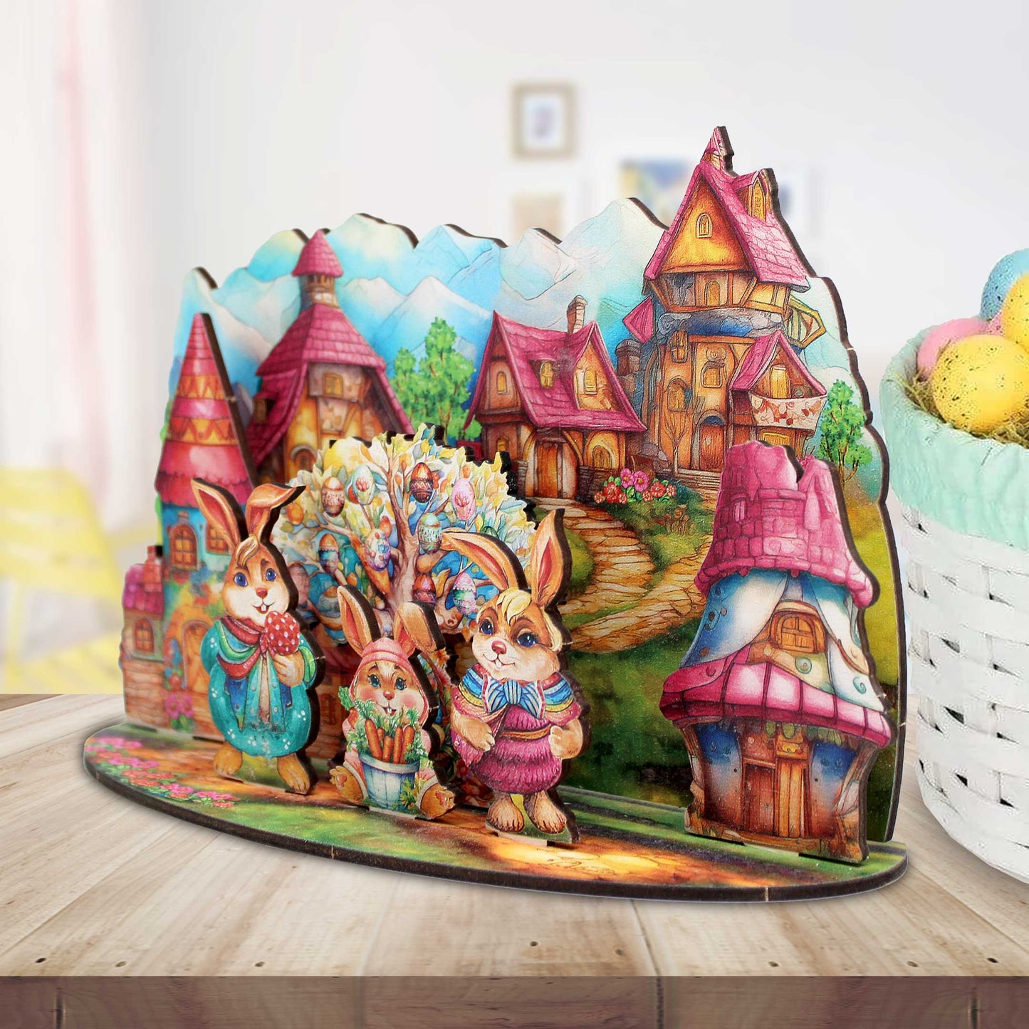Easter Bunny Village Eco Wood Decorative Village Eco Wood Set by G. Debrekht Easter Spring Decor - 852769