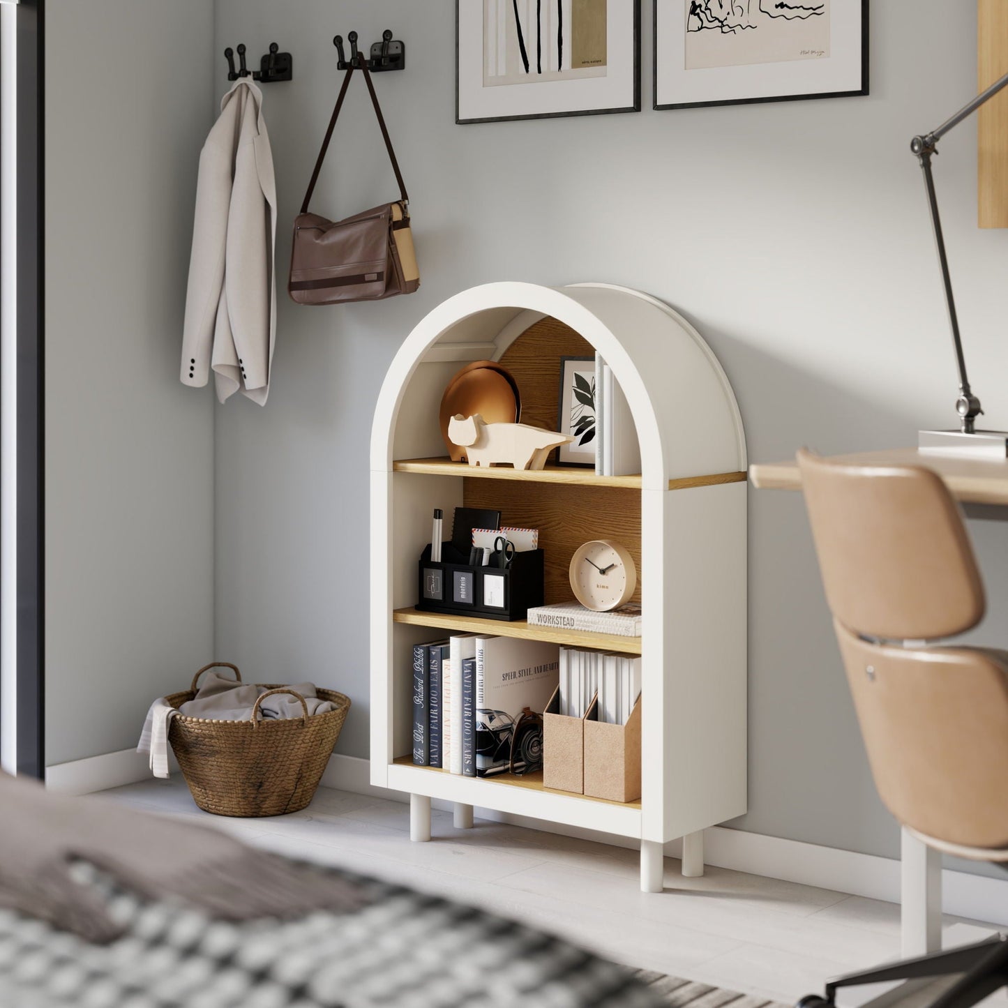 Arched Small Bookcase, Storage Cabinet, Bookshelf With 3 Shelves For Living Room - Oak / White