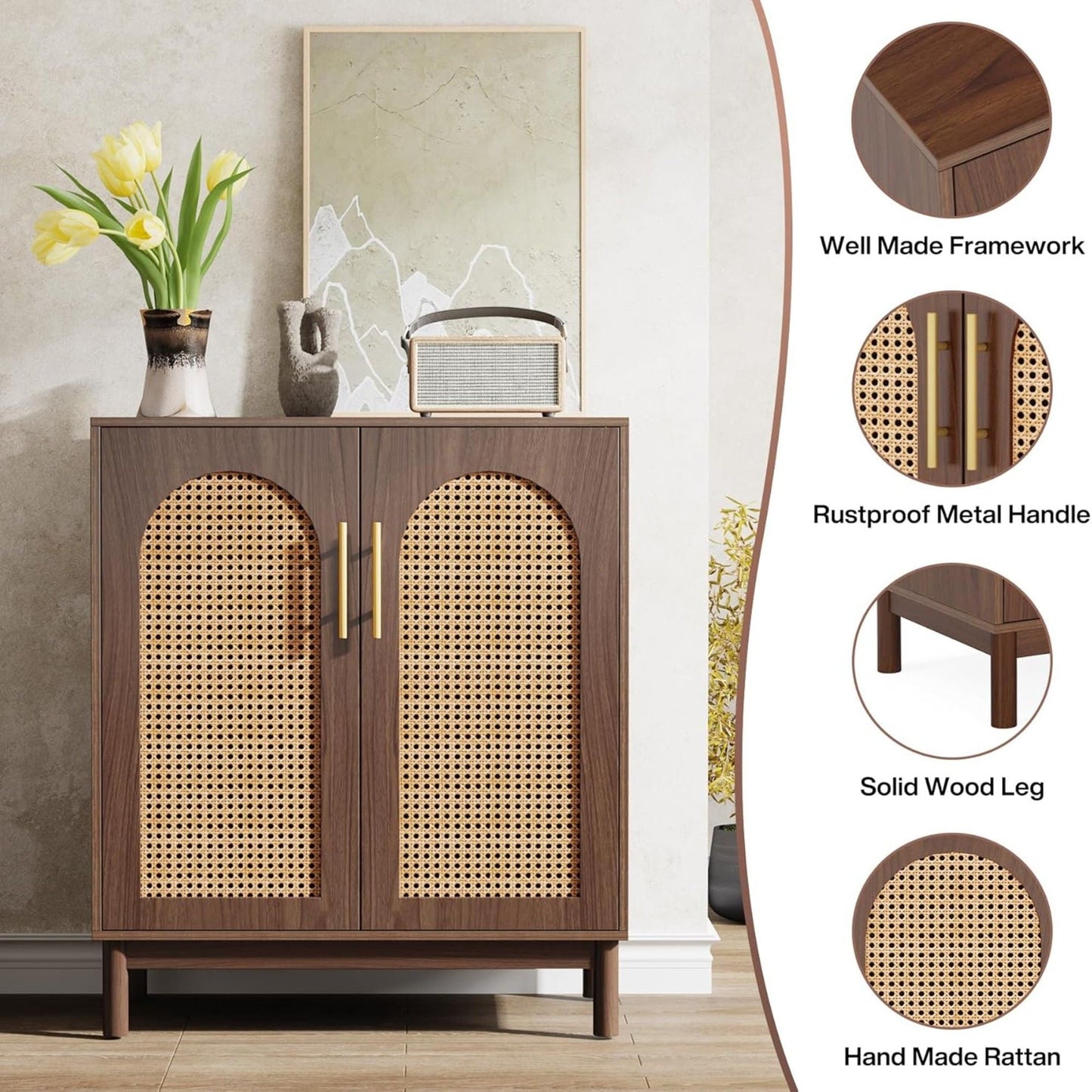 Sideboard Buffet Cabinet With Handwoven Rattan Doors (Set of 2) - Dark Brown