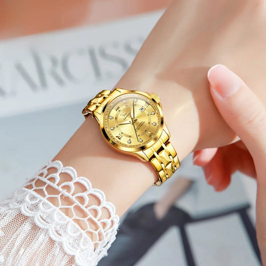 Women's Gold Stainless Steel Small Round Watch Date