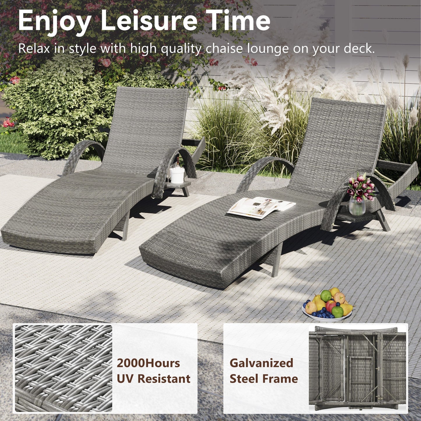 K&K 80" Outdoor Wicker Chaise Lounge Chairs Set of 2