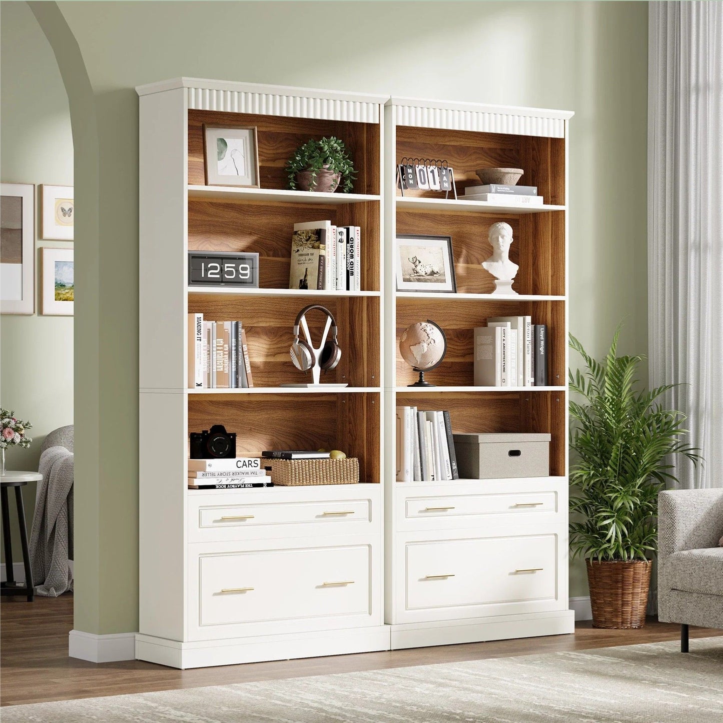 5 Tier White Bookcase With 2 Drawers Storage Organizer For Living Room - White