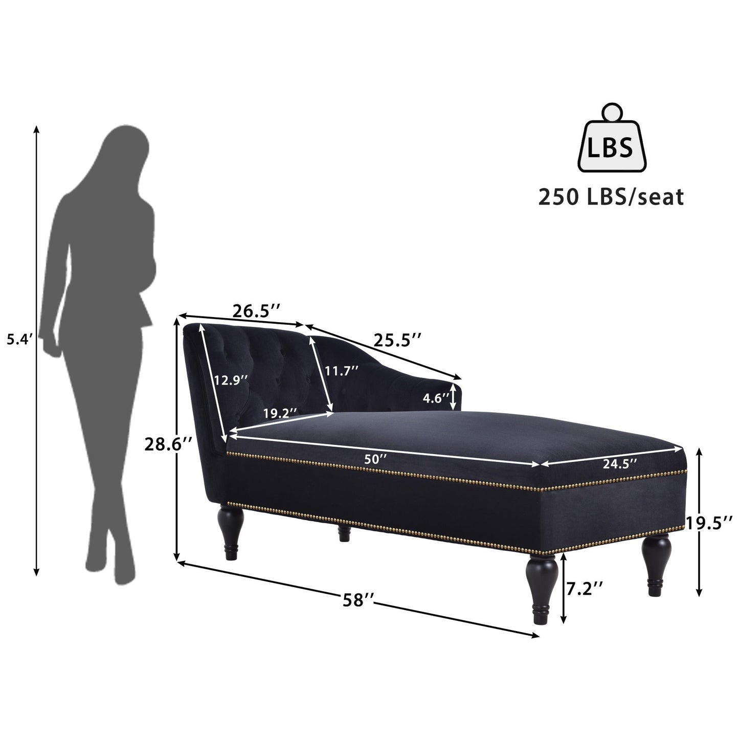 58" Velvet Chaise Lounge with Nailhead Trim and Solid Wood Legs