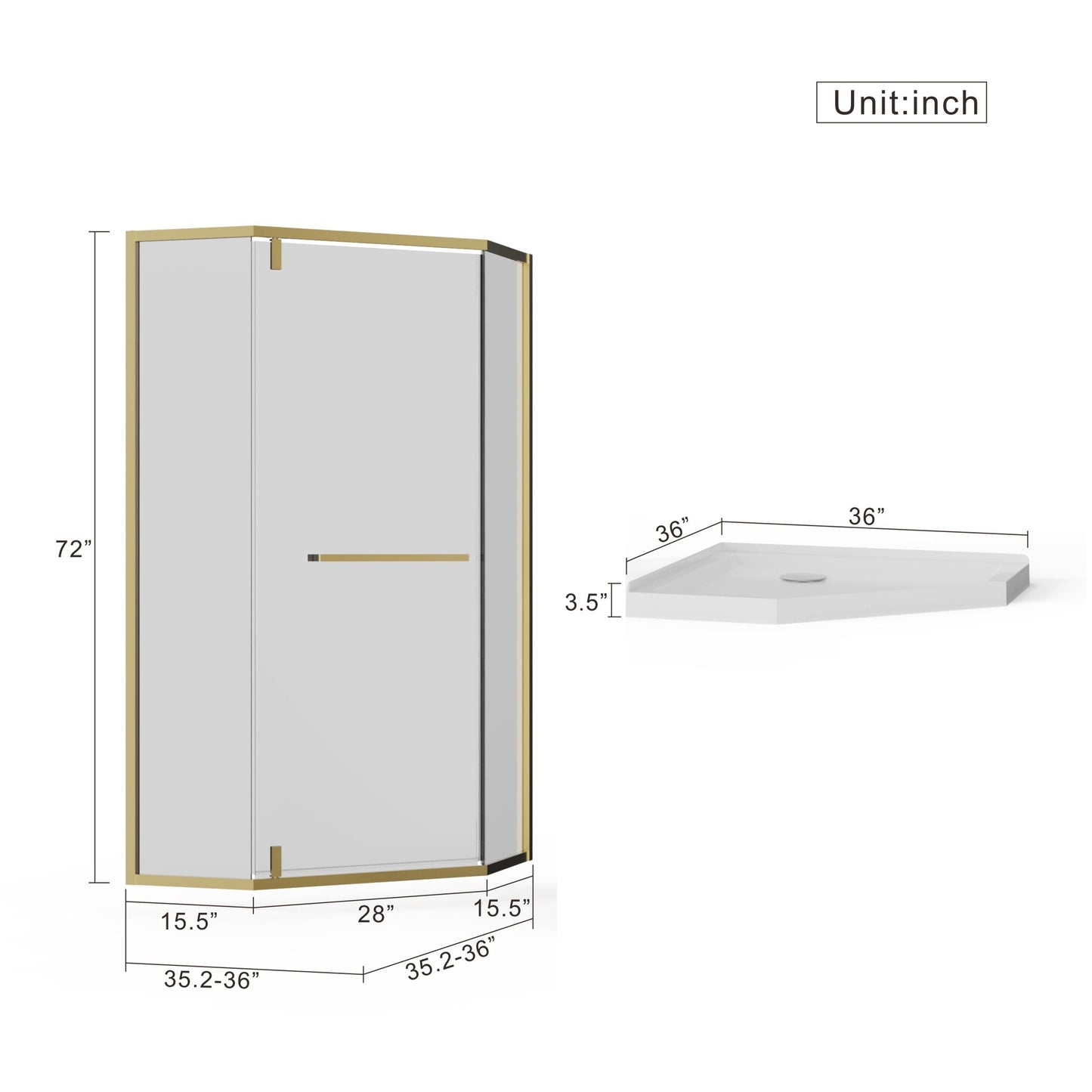 Goodyo - Neo-Angle Frameless Shower Door Corner Enclosure With Acrylic Shower Base Combo, Pivot Shower Door