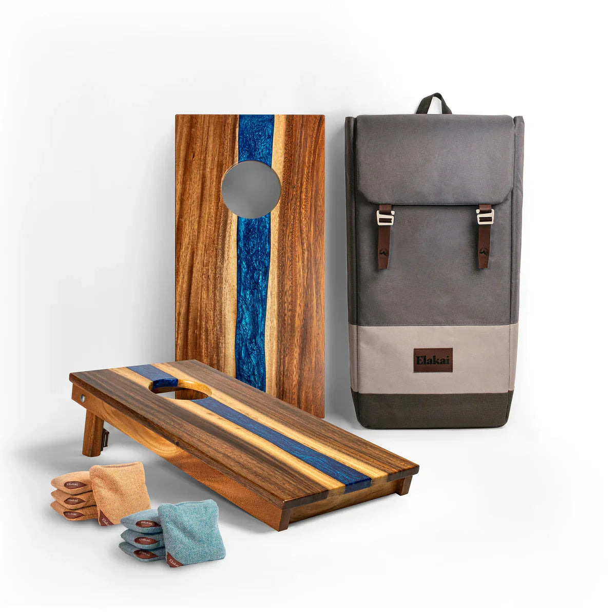 Elakai 1ft x 2ft River Epoxy Resin With Live Edge Acacia Pathfinder Art Cornhole Board Set