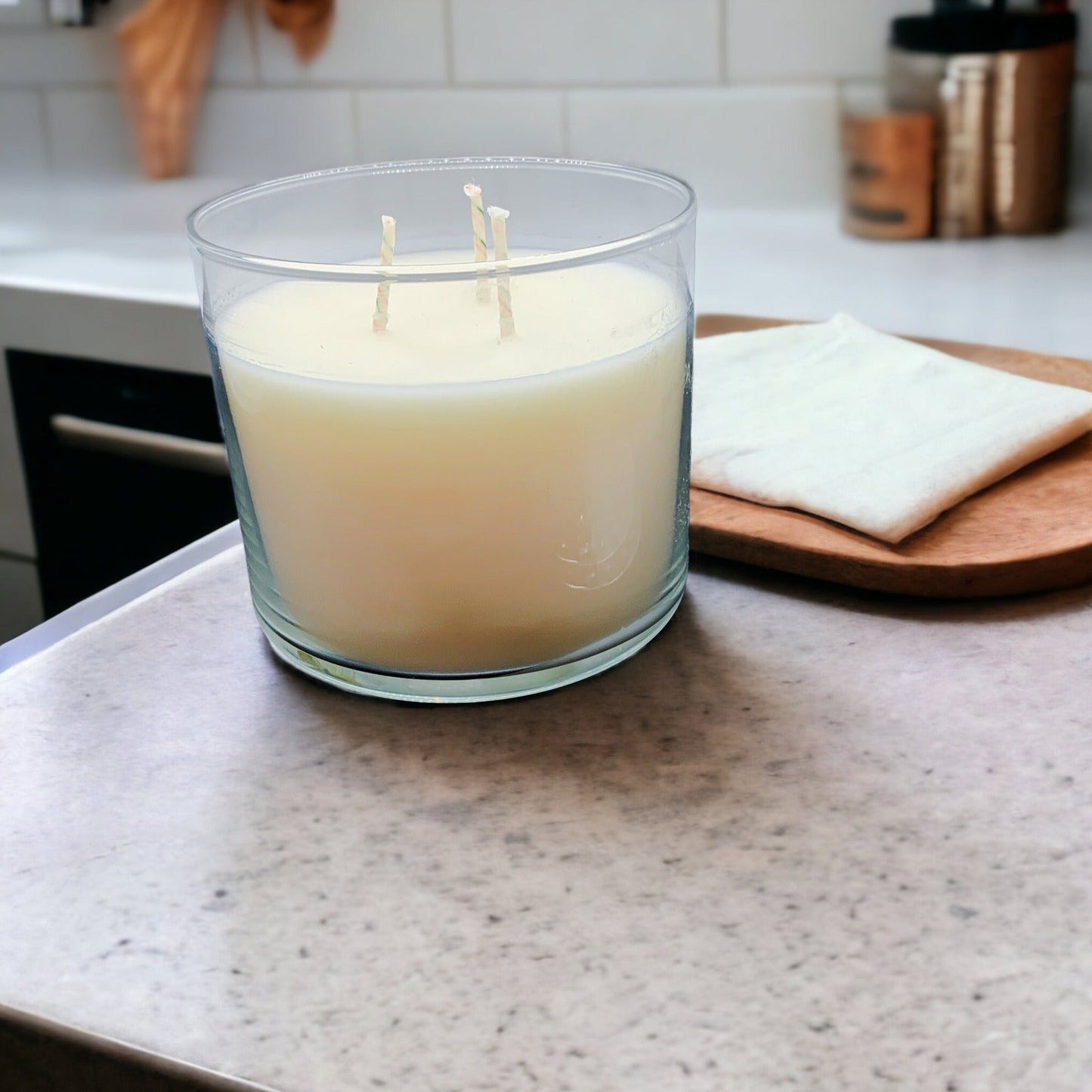 3-Wick Soy Candle 14.5oz Clear Glass Jar Silver Hammered Lid Hand-Poured USA