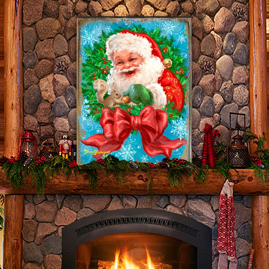 Santa Bow Wreath Art Wooden Wall Art by D. Gelsinger - Christmas Santa Snowman Decor - 95606B-1309