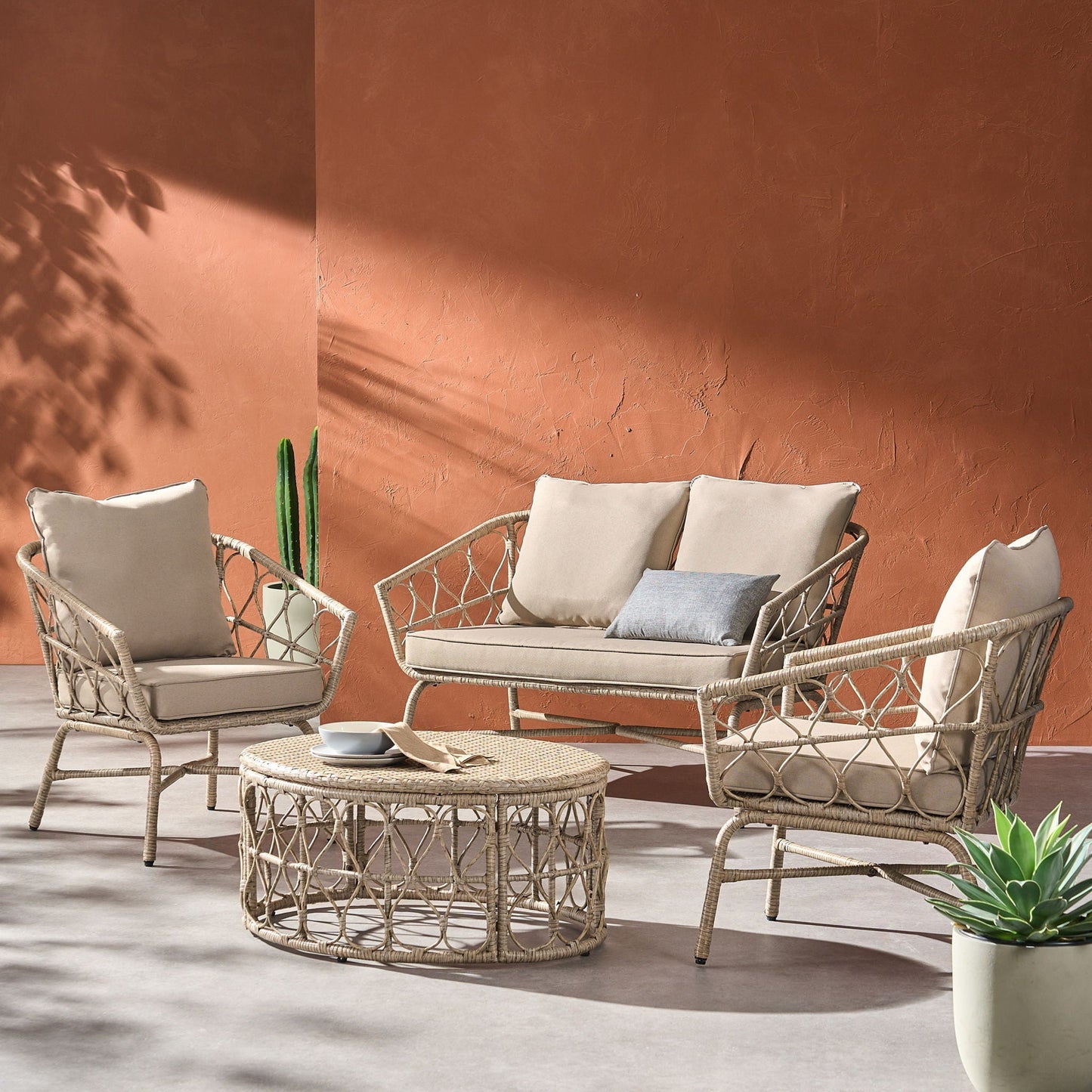Bruce Boho Inspired 4 Pieces Chat Set with Water Resistant Cushions - Brown
