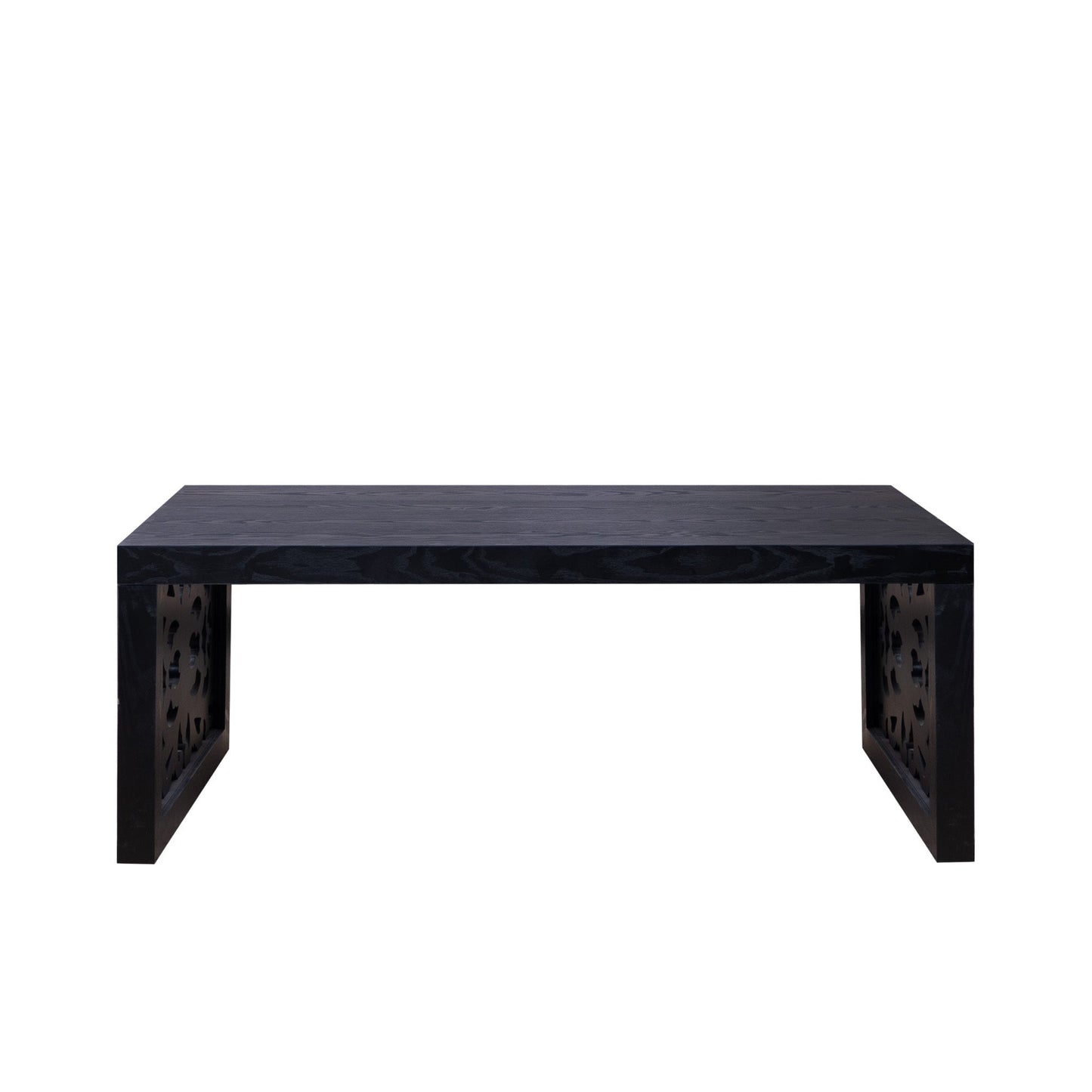 47.2" Solid Black Carved Wood Coffee Table – Handcrafted Look with Ornate Side Panels