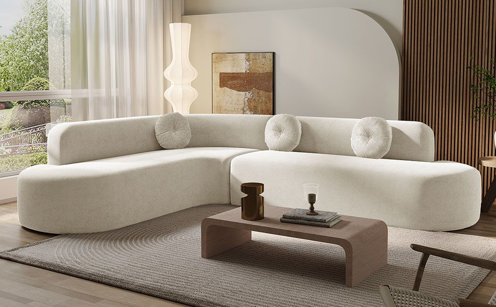 Extra Large Sectional Sofa Soft Fabric Upholstery, Elegant Curved Design With 3 Round Cushions, High-Resilience Foam