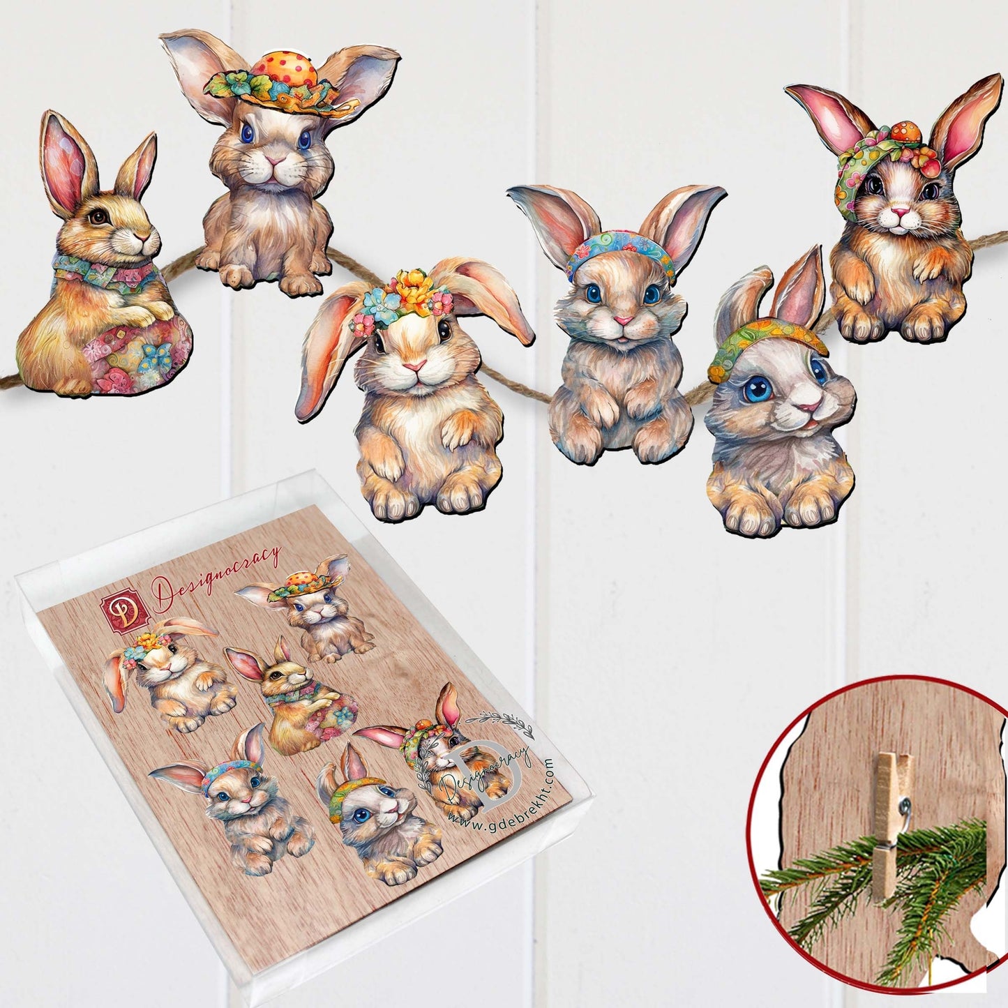 Easter Bunnies Clip-On Eco Wood Decorative Ornaments Set of 6 by G. Debrekht - Easter Decor - 8090042C-S6