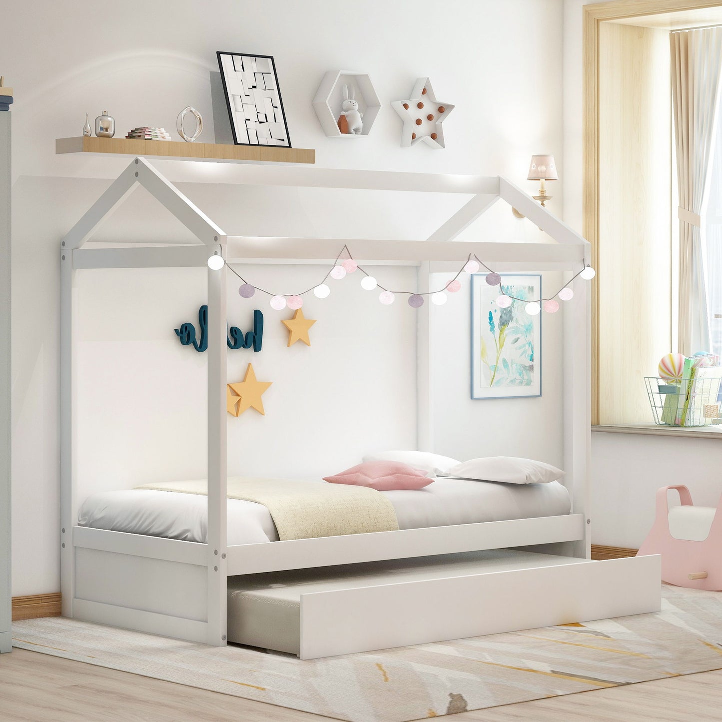 House Bed With Trundle In, Twin Size - White
