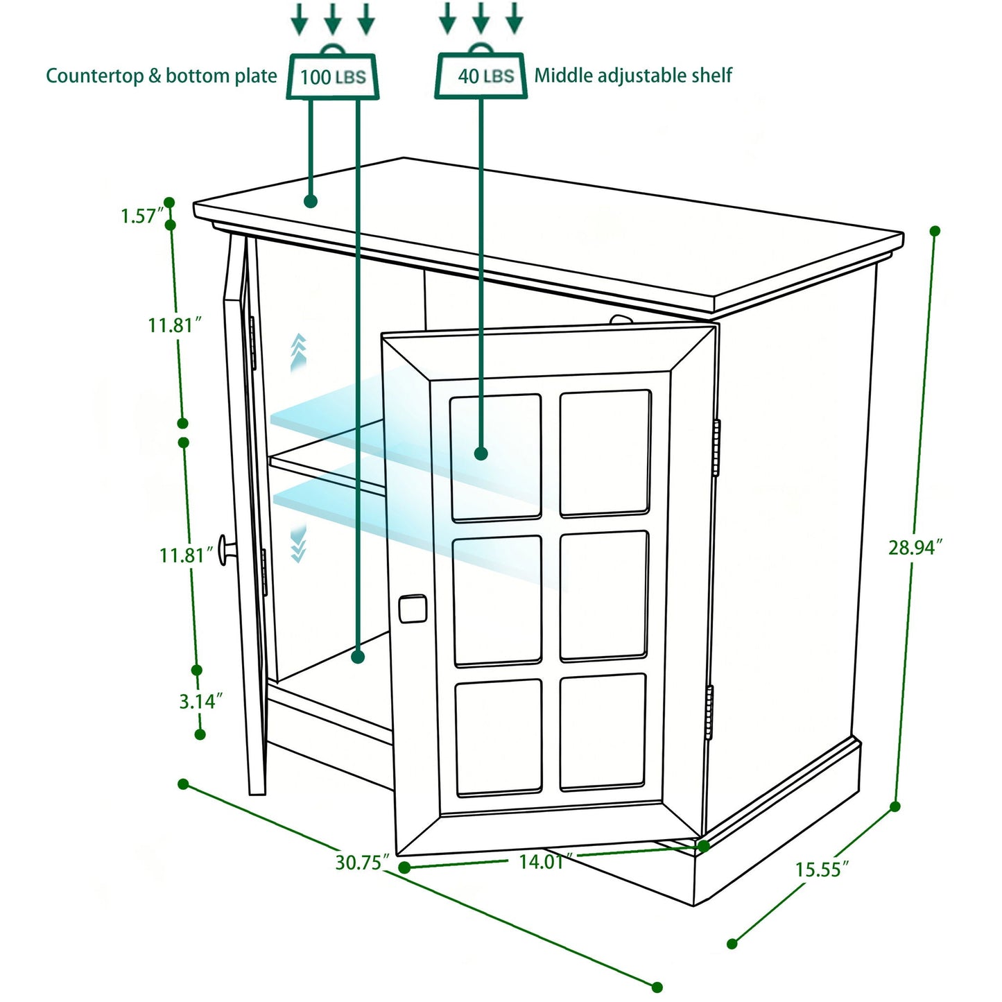 Sideboard Cabinet With Mirrored Doors, Adjustable Shelf, Metal Handles