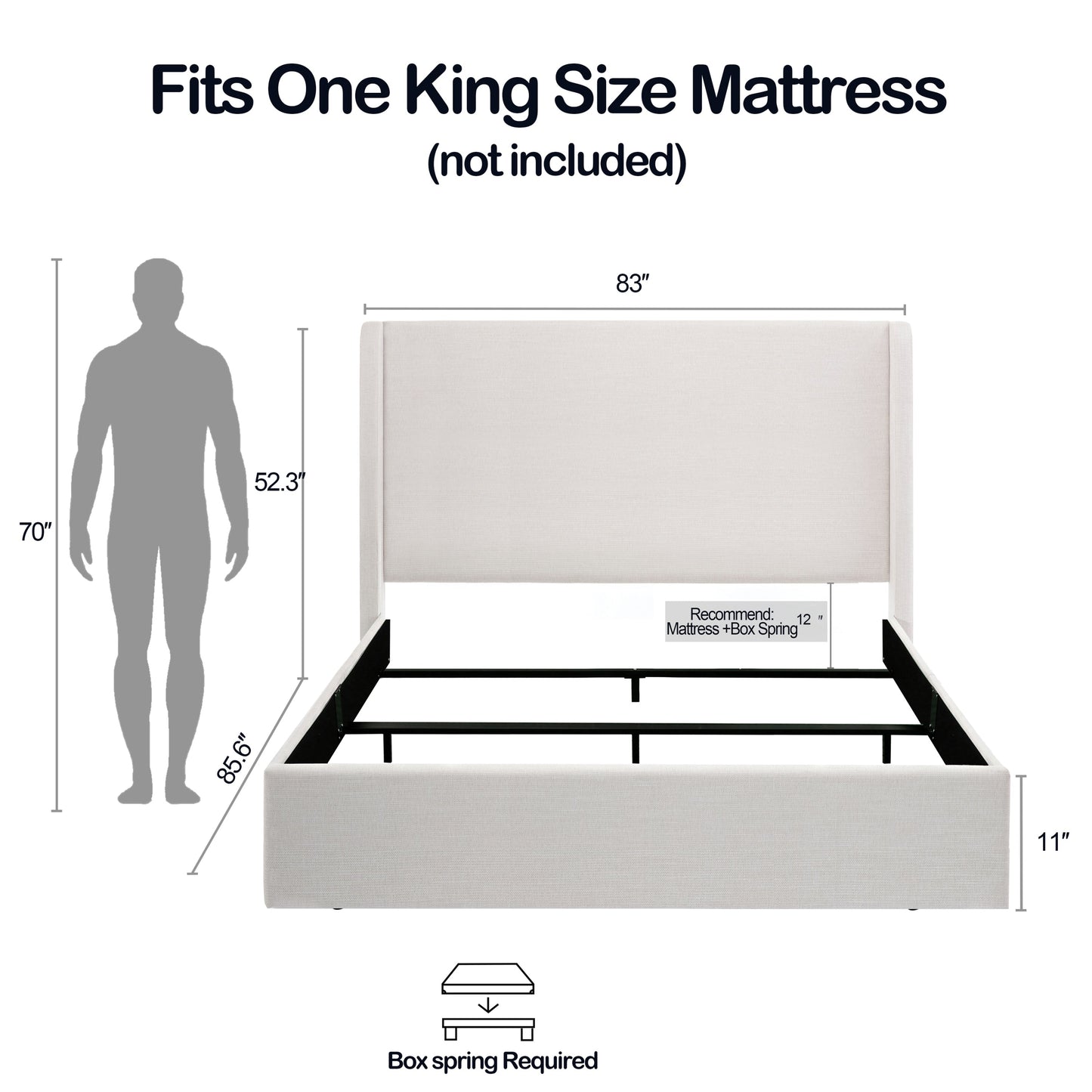 Caron Upholstered Wingback Bed with 52.3' High Headboard in Ivory Canvas Chenille
