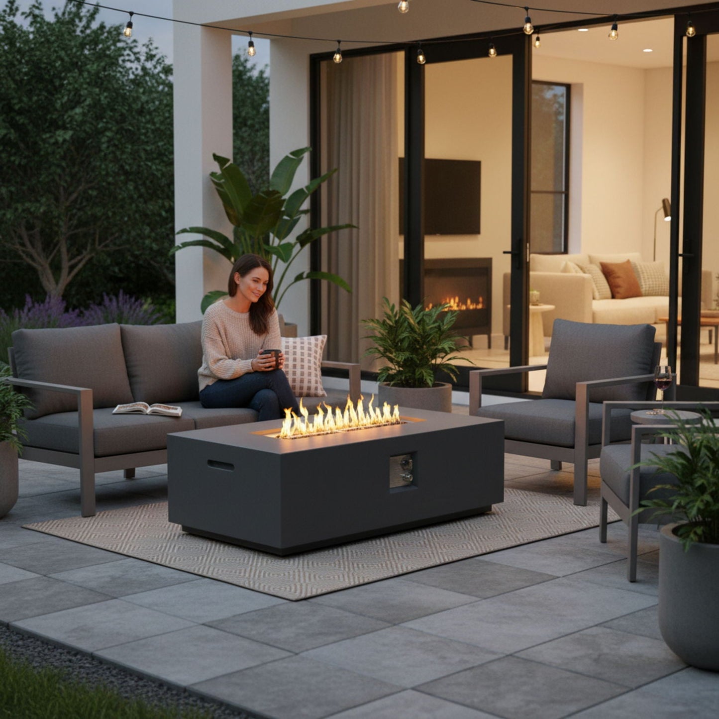 Volon - Rectangular Fire Pit Table, Propane Powered, 50,000 BTU - Light Gray